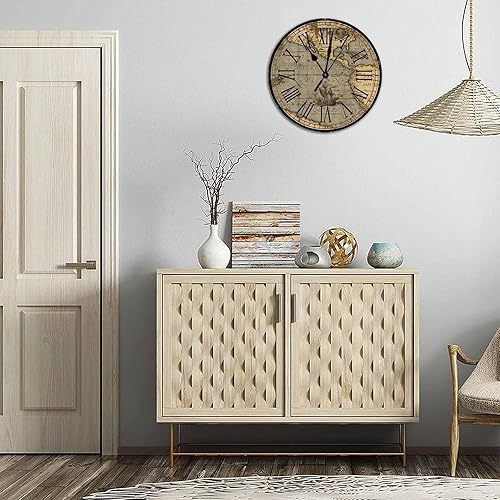 Miniatura 6 de Reloj de pared redondo de madera de estilo rústico, mapa del mundo retro, números romanos, reloj de madera, funciona con pilas, silencioso, sin