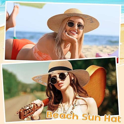 Miniatura 4 de Sureio 6 piezas de sombrero de playa para mujer, floppy bordado, plegable, sombrero de sol de ala grande, paja ajustable para viajes de vacaciones