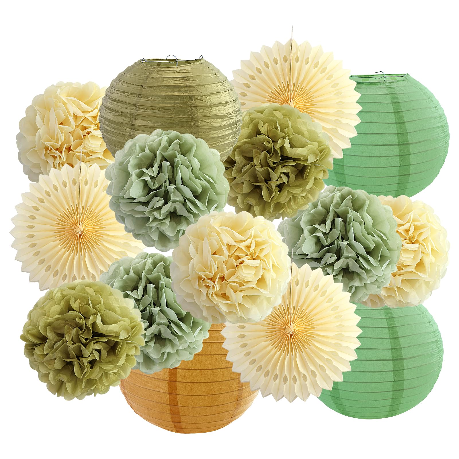 15 pezzi Decorazioni per feste verde salvia e oro, lanterne di carta verde salvia, pompon per matrimoni, fidanzamenti, baby shower, compleanni, feste