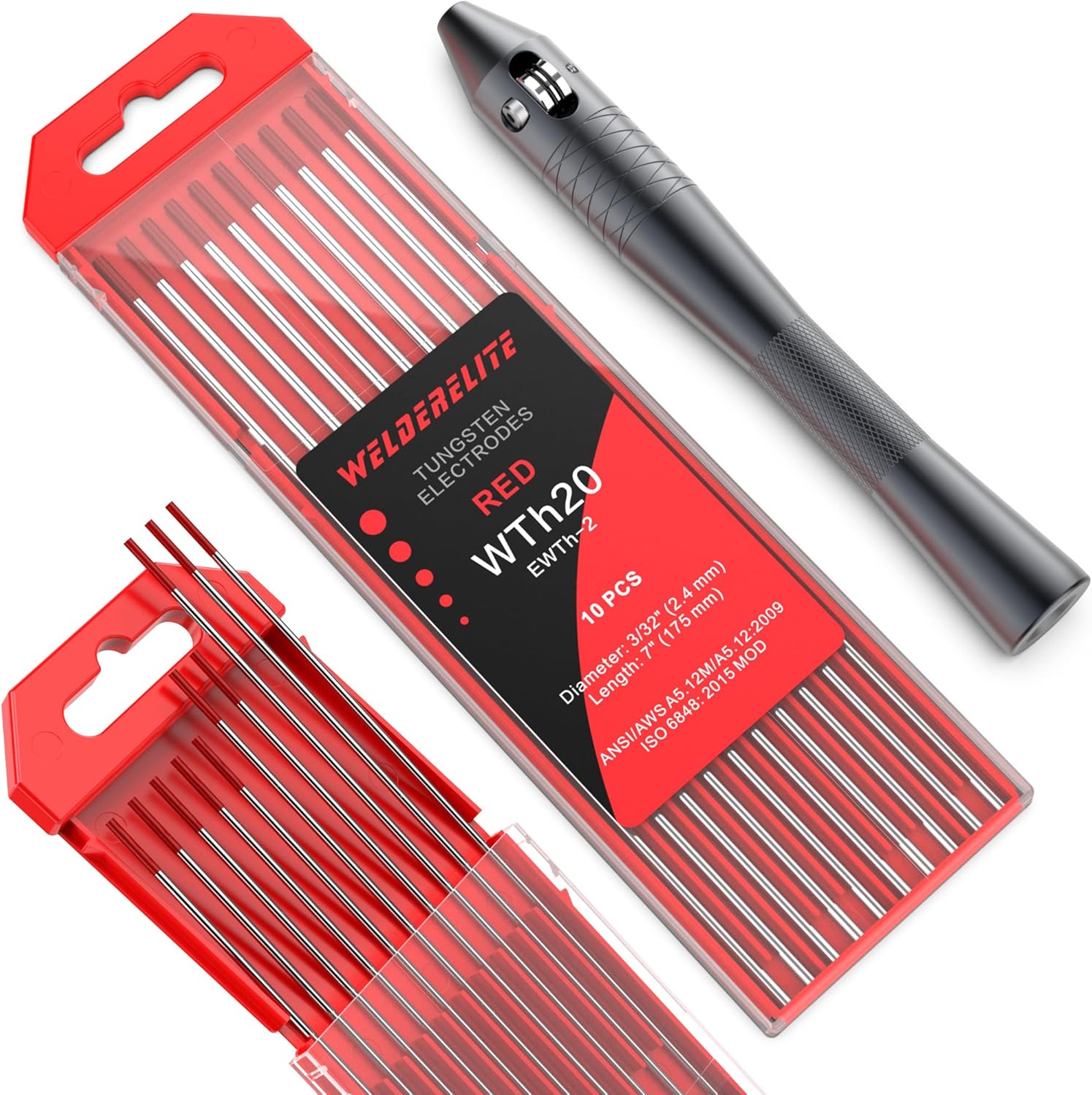 TIG Wire Feeder Pen with 3/32'' × 7'' Red Tungsten Electrodes (10 Pack) for DC TIG Welding | for Superior Arc Stability | Suitable for Steel & Stainless Steel