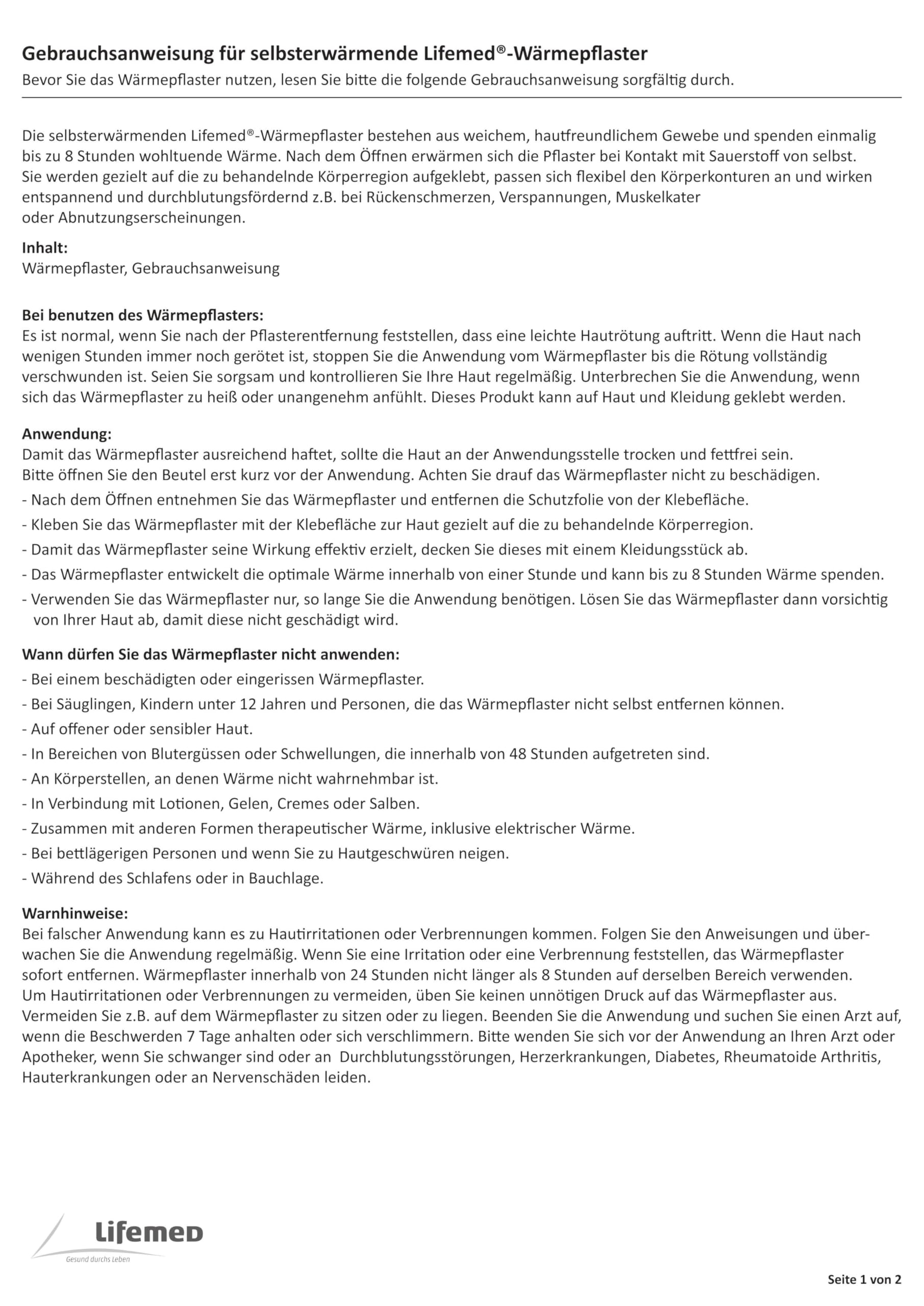 Lifemed Wärmepflaster, ohne Arzneiwirkstoff, Schmerzlinderung für Rücken, Nacken, Schultern, Menstruationsbeschwerden. Pflaster Wärmekissen Rückenwärmer Nackenwärmer, Nierenwärmer, Wärmegürtel