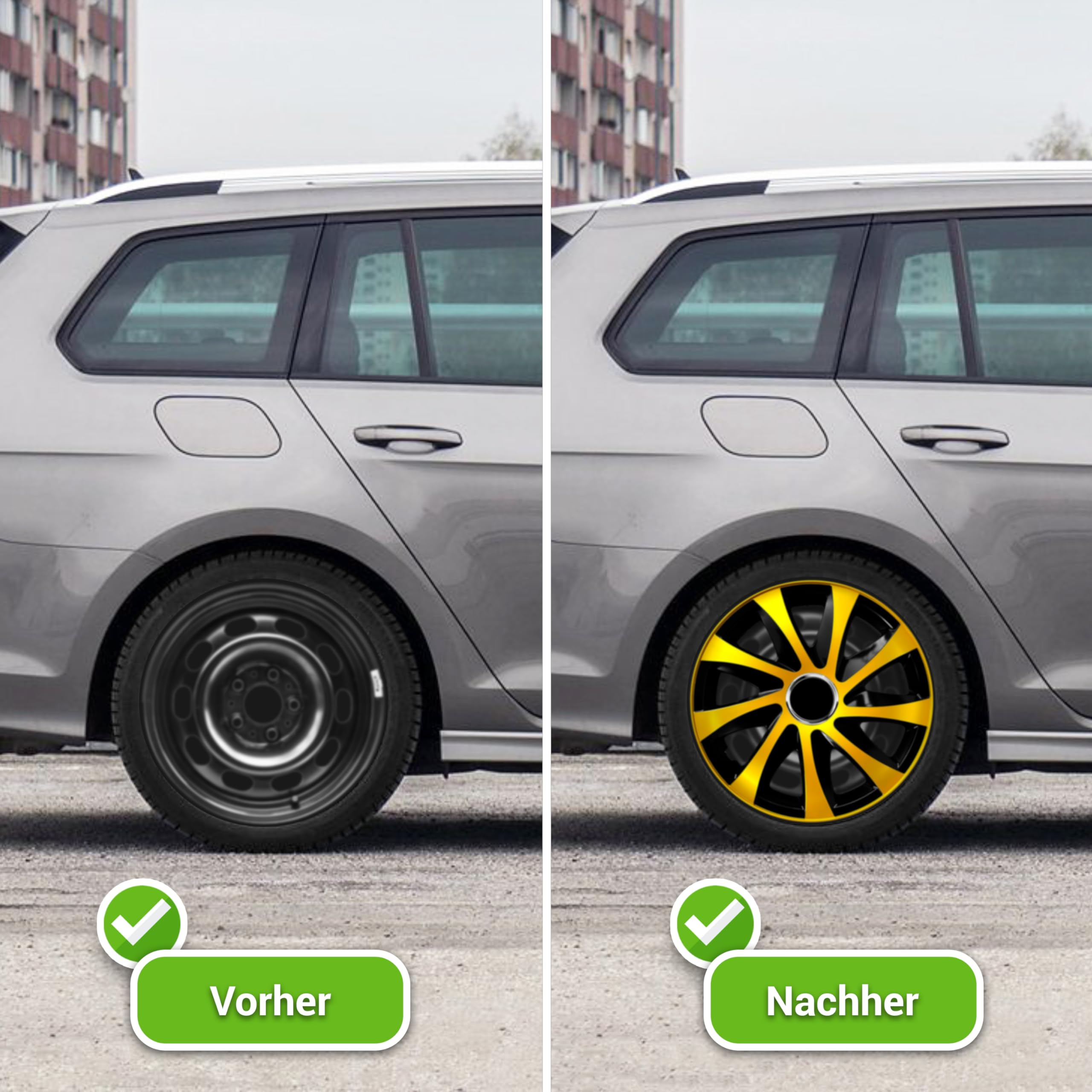 Radkappen 14 Zoll Radzierblenden 4er Set passend für alle Stahlfelgen - Einstellbarer Sicherungsring - Gold Schwarz