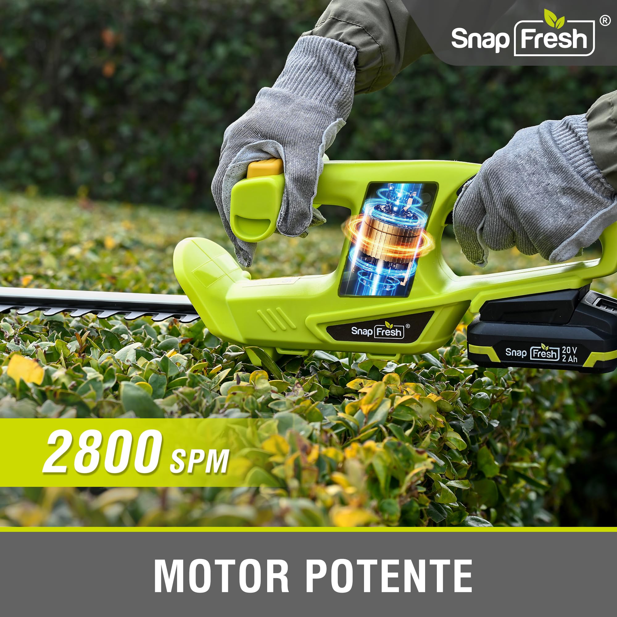 SnapFresh Cortasetos a Batería 20V, Longitud de Corte 45 cm, 2800 SPM, 65Mn, Ligero para Setos y Jardín, Batería 2,0Ah y Cargador Incluidos