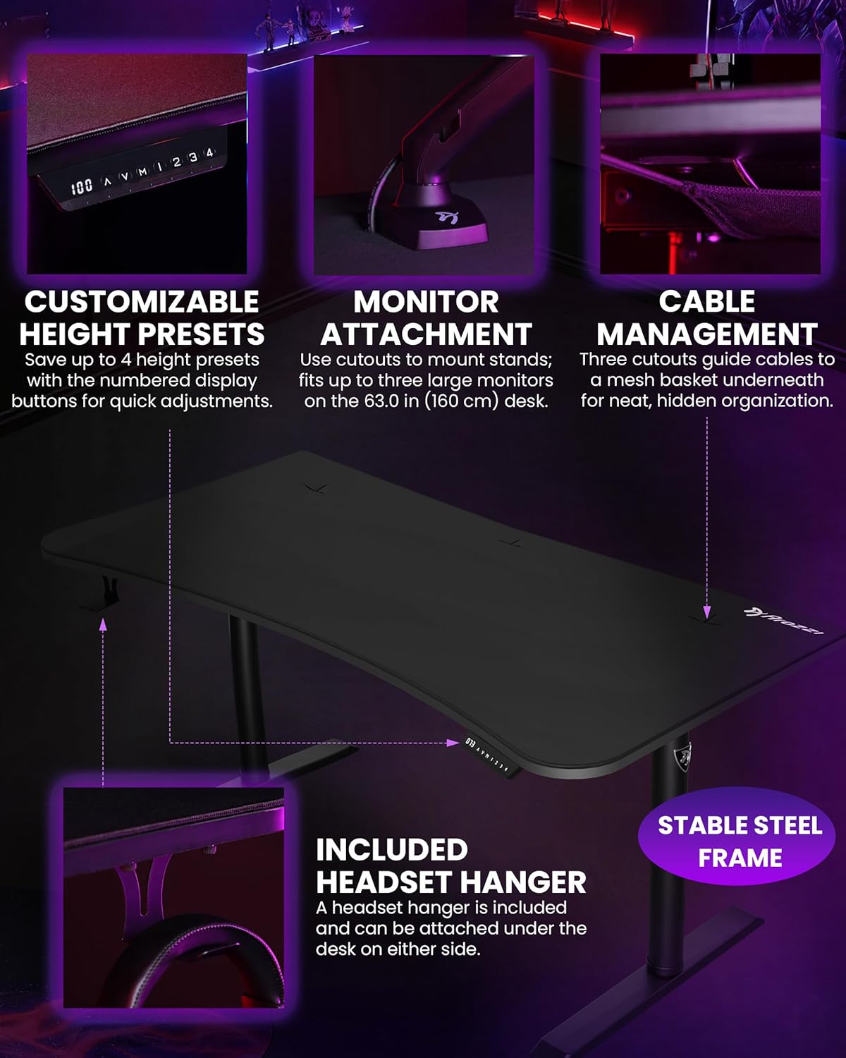 Arozzi Arena Moto Gamer Desk - 63x32” Electric Standing PC Gaming Desk with Storage for Cables - Dual Motor Steel Frame & Full-Surface Washable Mousepad - Pure Black