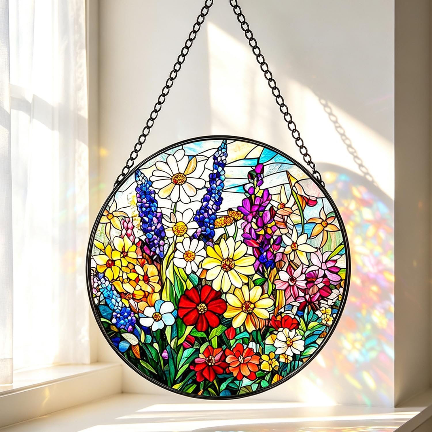 Stained Glass Window Hanging Wildflower Suncatcher with Hanging Chain