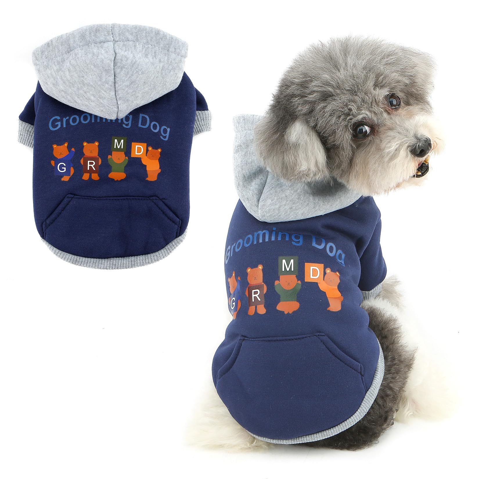 Ranphy Cute Cartoon Print Dog Fleece Hoodie for Xsmall Small Breeds, Warm Colorblock Pullover Sweatshirt with D-Ring, Soft Winter Outfit for Puppy Kitten Chihuahua Yorkie Cat Clothes,Blue,M