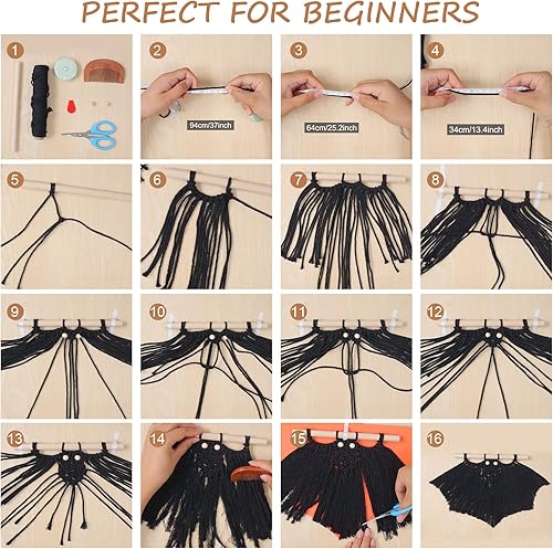 Miniatura 5 de FREEBLOSS Juego de 3 piezas de macramé para colgar en la pared, kit de macramé de murciélago para principiantes, adornos para colgar en la pared con