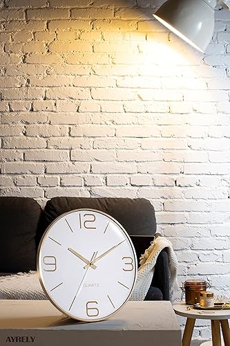 Miniatura 4 de AYRELY Relojes de pared modernos de 12 pulgadas con pilas reloj de pared para decoración de sala de estar reloj de marco de metal dorado decorativo