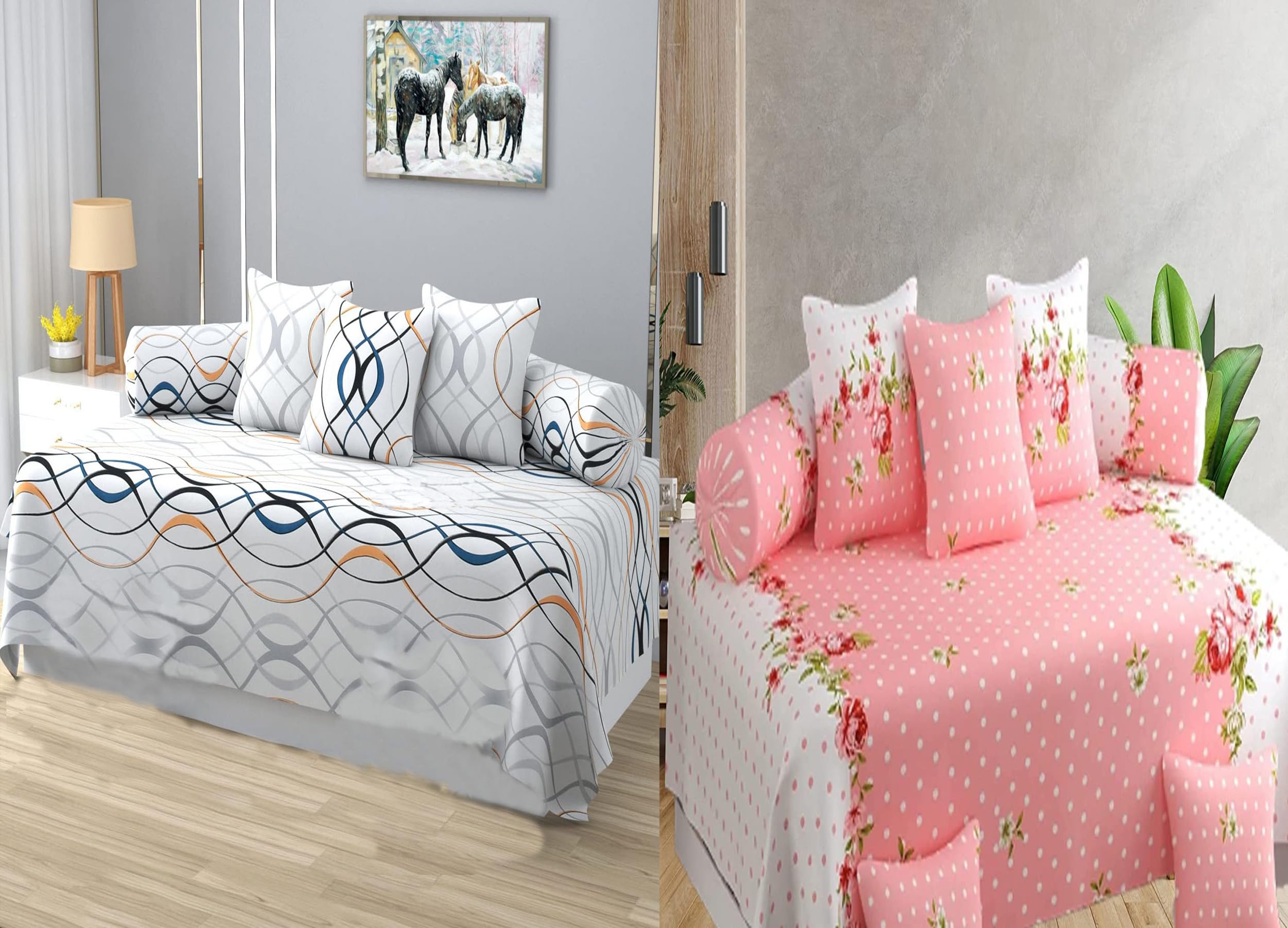 IVAZA Premium Floral Printed Glace Cotton 6 Piece diwan Set Combo -(2 diwan bedsheet, 10 Cushion Covers, 4 Bolster Covers, White & Pink-image-42