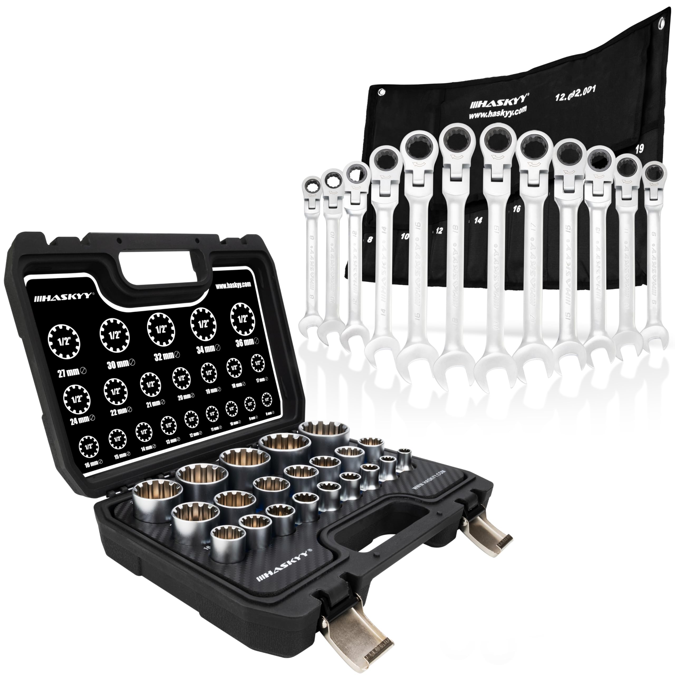 HASKYY Juego de llaves tubulares XZN – 1/2 pulgadas 8-36 mm 12 cantos y anillo de boca articulada llave de carraca 8-19 mm, juego completo de herramientas 33 piezas