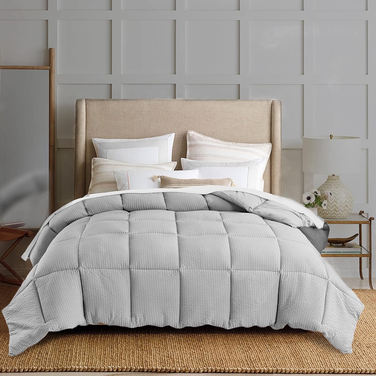 KASENTEX 3 Piece Set Down Alternative Comforter with Duvet Cover and Pillow Sham, Cozy Fluffy Soft Luxury Bedding Reversible Duvet Insert, Hypoallergenic Machine Washable, Light Grey, Twin