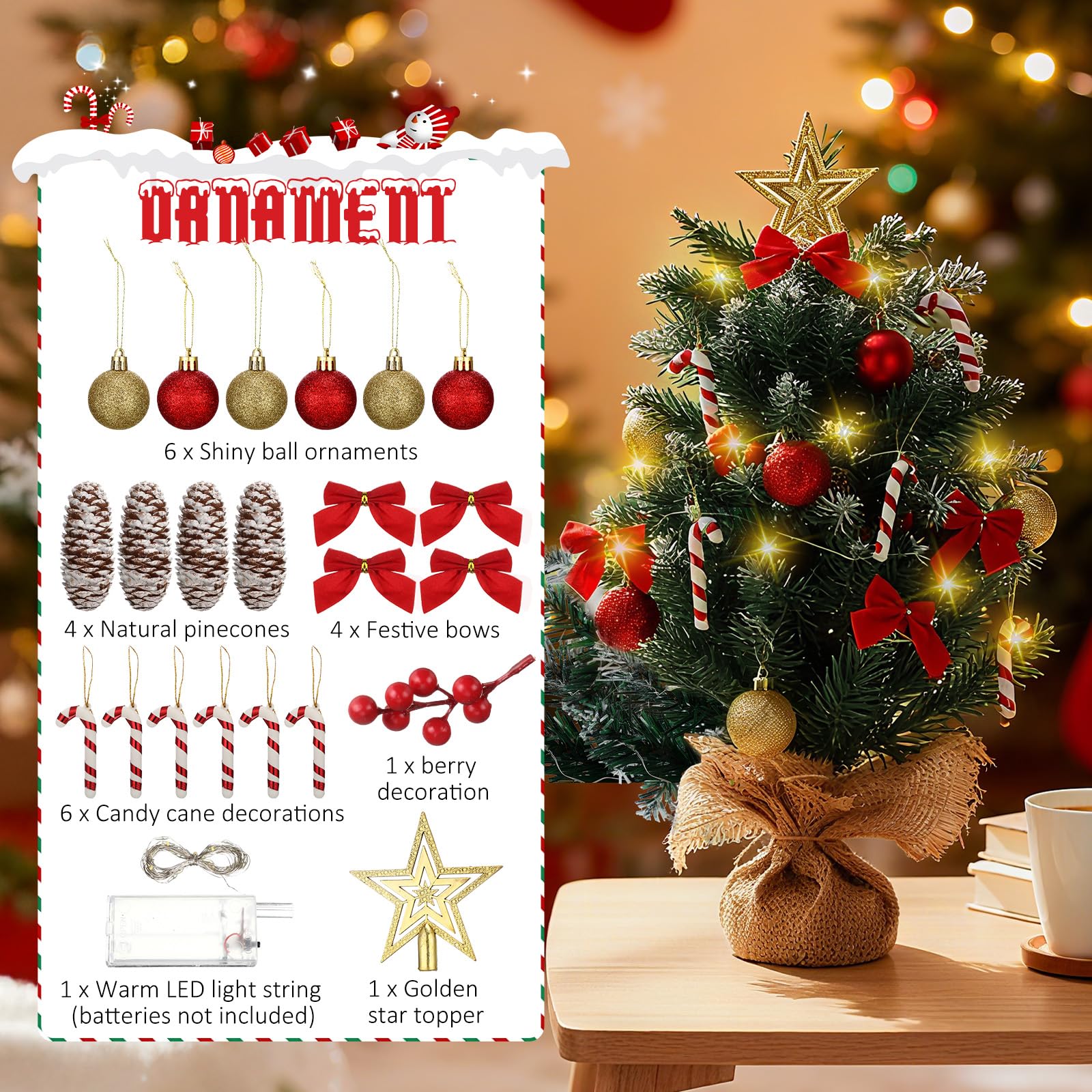 Soulchen Mini sapin de Noël artificiel de table avec lumière - 0,6 m - 61 cm - Mini sapin de Noël artificiel avec 30 lumières LED - Petit centre de table pour décoration d'intérieur et de vacances