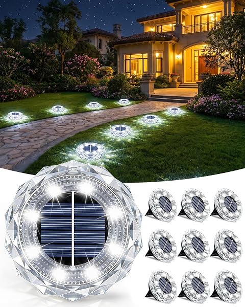 10 Pack Solar Lights Outdoor Garden, 8 LEDs Solar Ground Lights, IP65 Waterproof Outdoor Landscape Lamp, Solar Powered Pathway Lights for Patio Yard Driveway Walkway - Cold White - 1