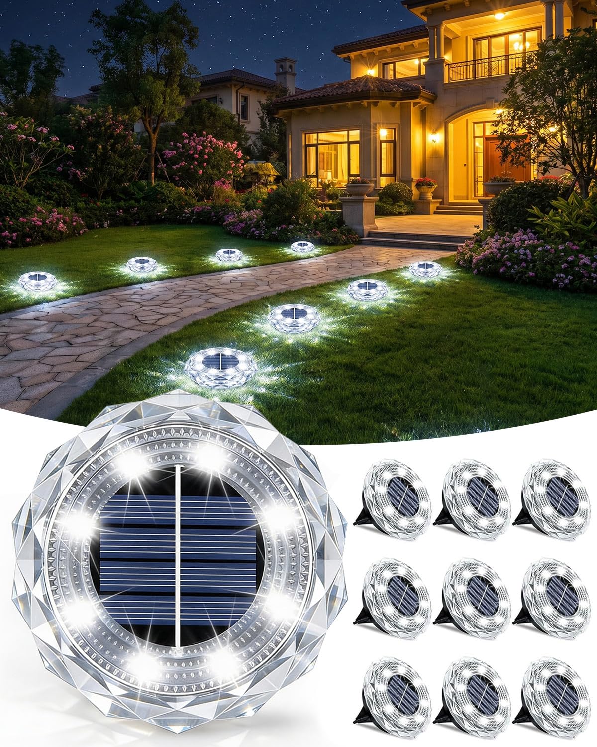 KALAHOL 10 Pack Solar Lights Outdoor Garden, 8 LEDs Solar Ground Lights, IP65 Waterproof Outdoor Landscape Lamp, Solar Powered Pathway Lights for Patio Yard Driveway Walkway - Cold White