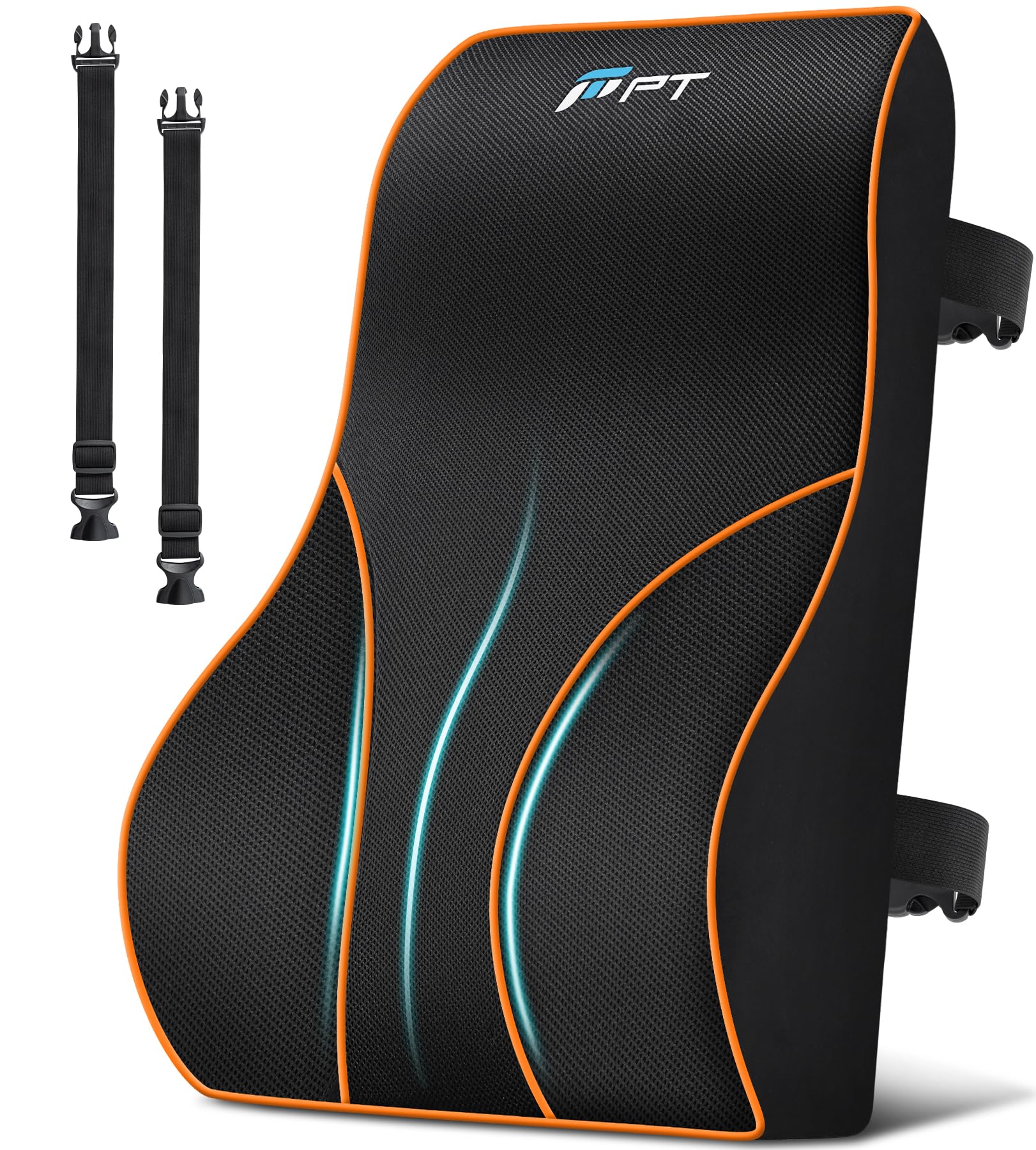 POOTACK Lendenkissen mit Memory-Schaum - Komfortable Lordosenstütze für Auto, Büro und Gaming, Verstellbares Rückenkissen für Bürostuhl, Autositz und Schreibtischstuhl, Schwarz