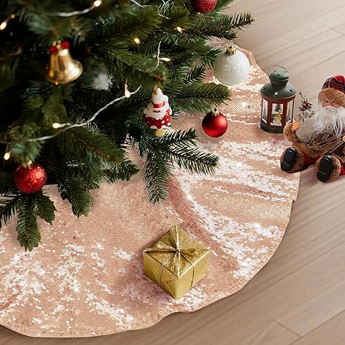 Miniatura 10 de Falda de árbol de Navidad, 36 pulgadas, falda de árbol de lentejuelas rosa fucsia con purpurina para decoración de árbol de Navidad