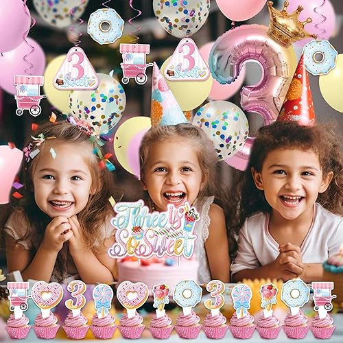 Miniatura 6 de Decoraciones de tercer cumpleaños para niñas, decoraciones de tercer cumpleaños rosa, decoración de fiesta de cumpleaños de helado con pancarta de
