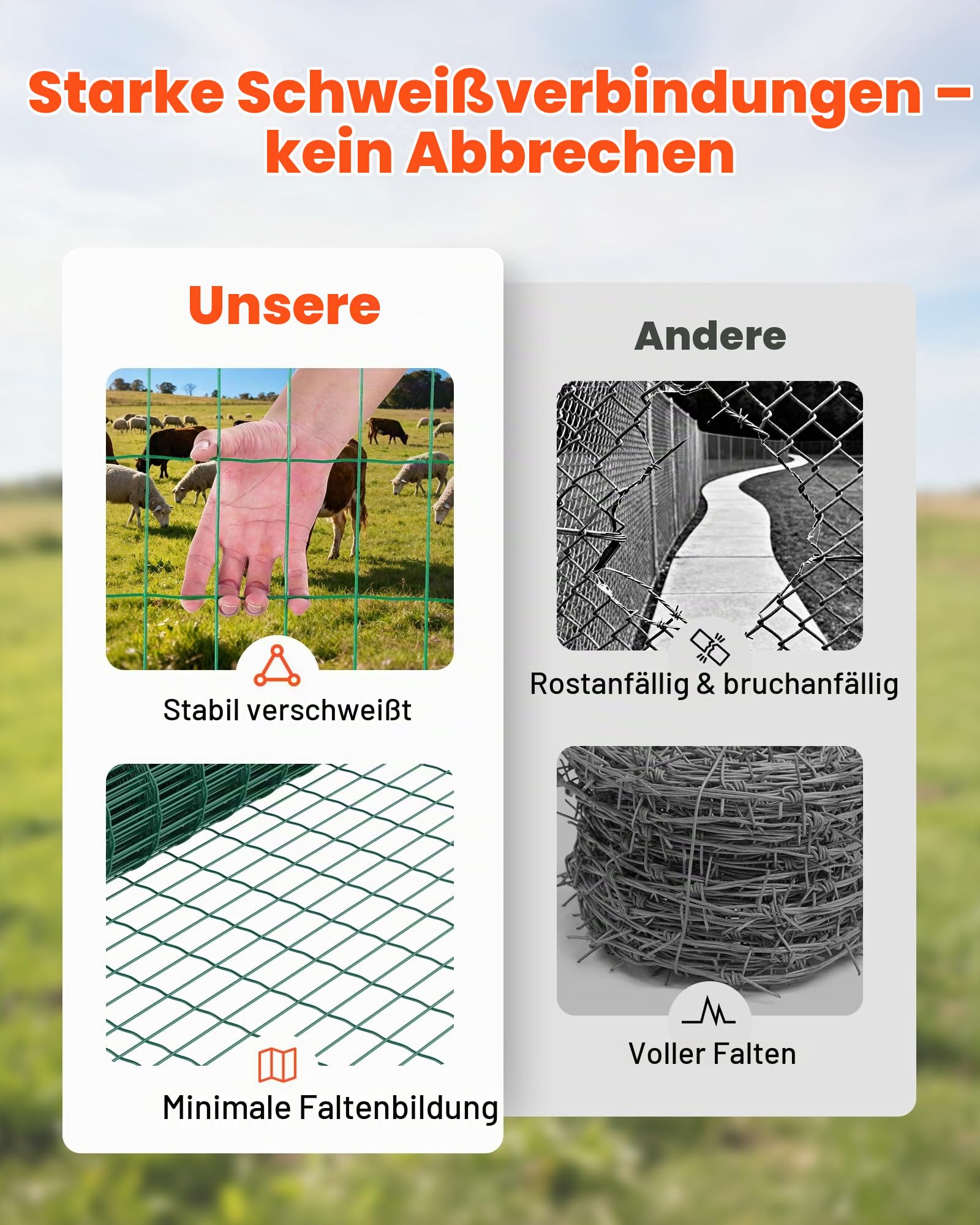 VEVOR Gartenzaun, 1,2 x 25 m, Maschendraht-Zaun 2,1 mm, verzinkter Stahldraht, geeignet für Rinder, Schweine & Schafe, vinylbeschichteter Gitterzaun für Tiergehege, Käfige & Gärten, Grün.
