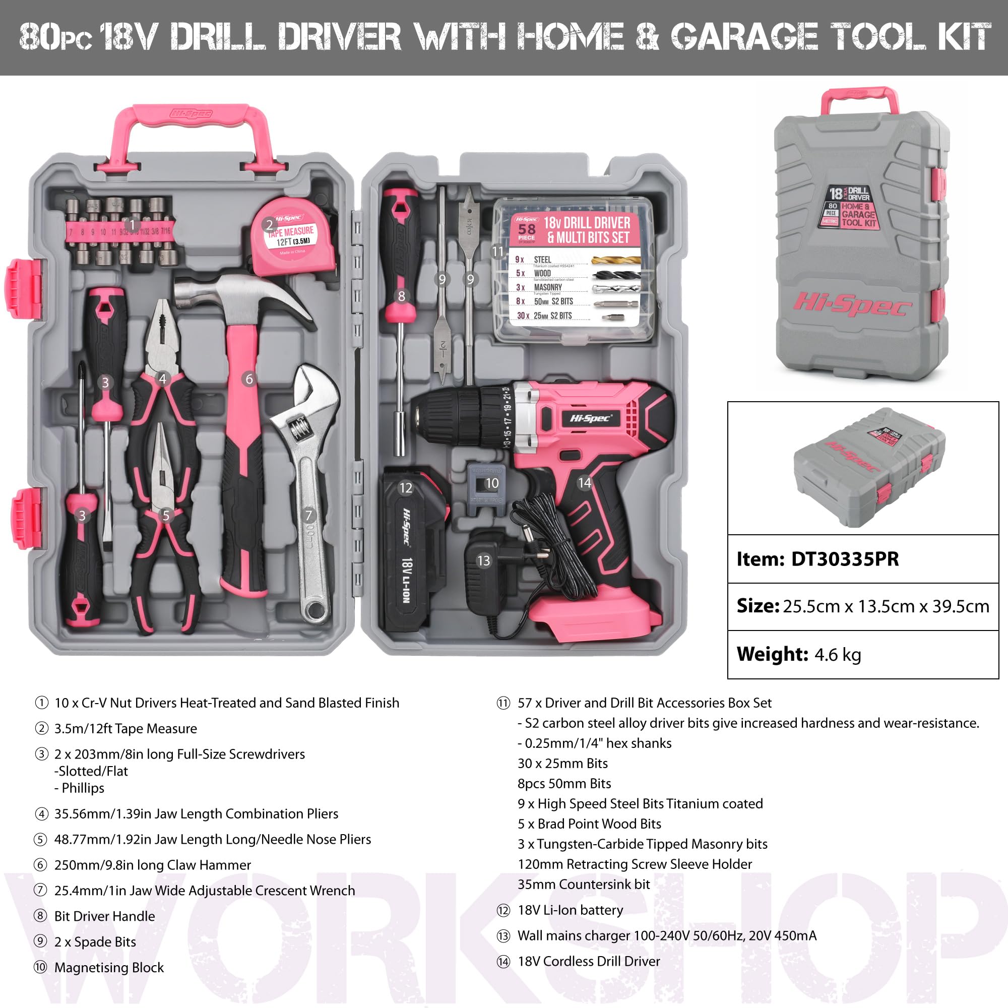 Hi-Spec Caja de Herramientas con Taladro Inalámbrico18V, Rosa | 81 piezas, brocas, destornilladores, alicates y llave, maletín para bricolaje en casa y taller, uso diario