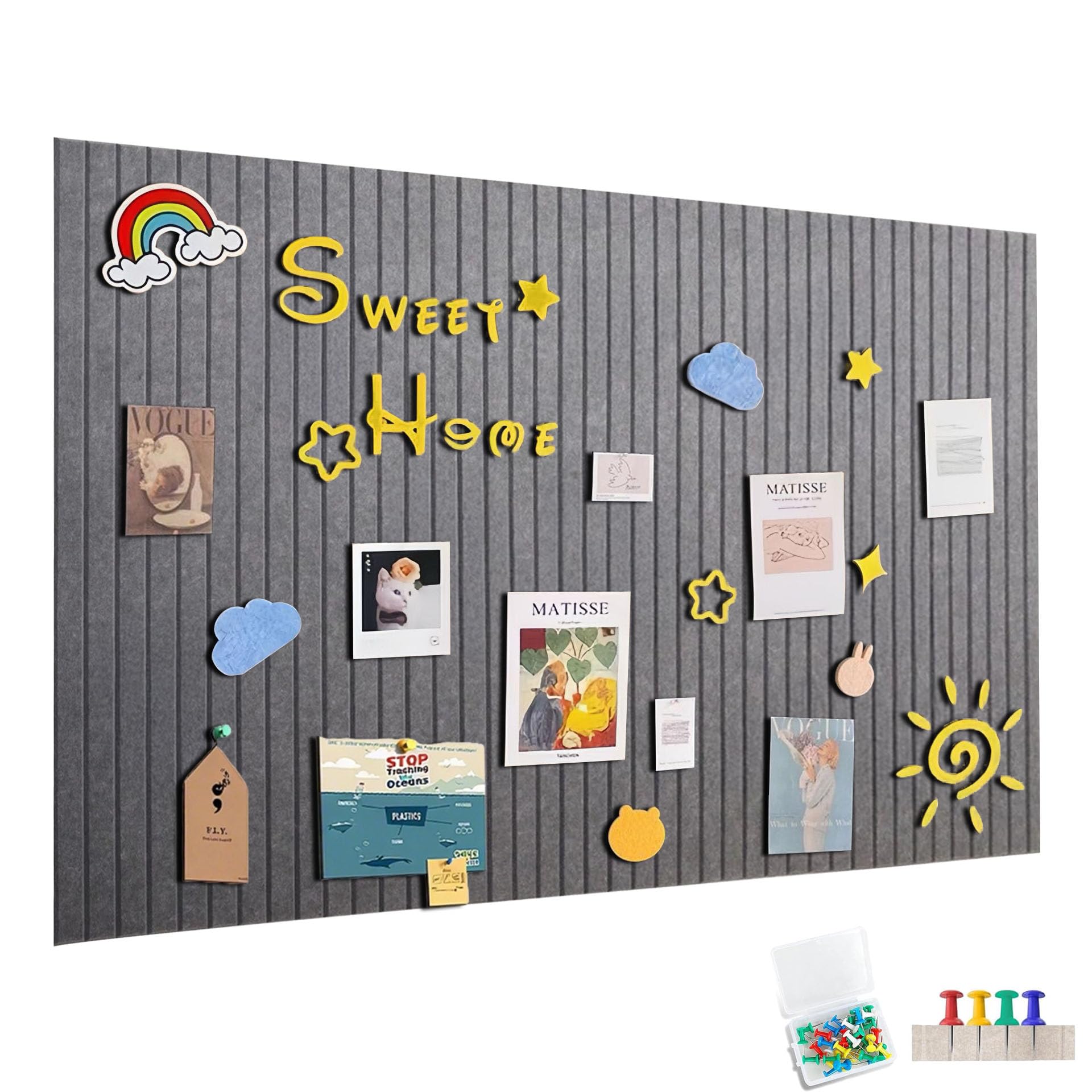 90 x 60 cm Large Felt Notice Board, Self-Adhesive, Felt Board, Memo Boards with 60 Push Pins, Bulletin Board, Wall Decoration for Office, Kitchen, Photos Memos, Dark Grey