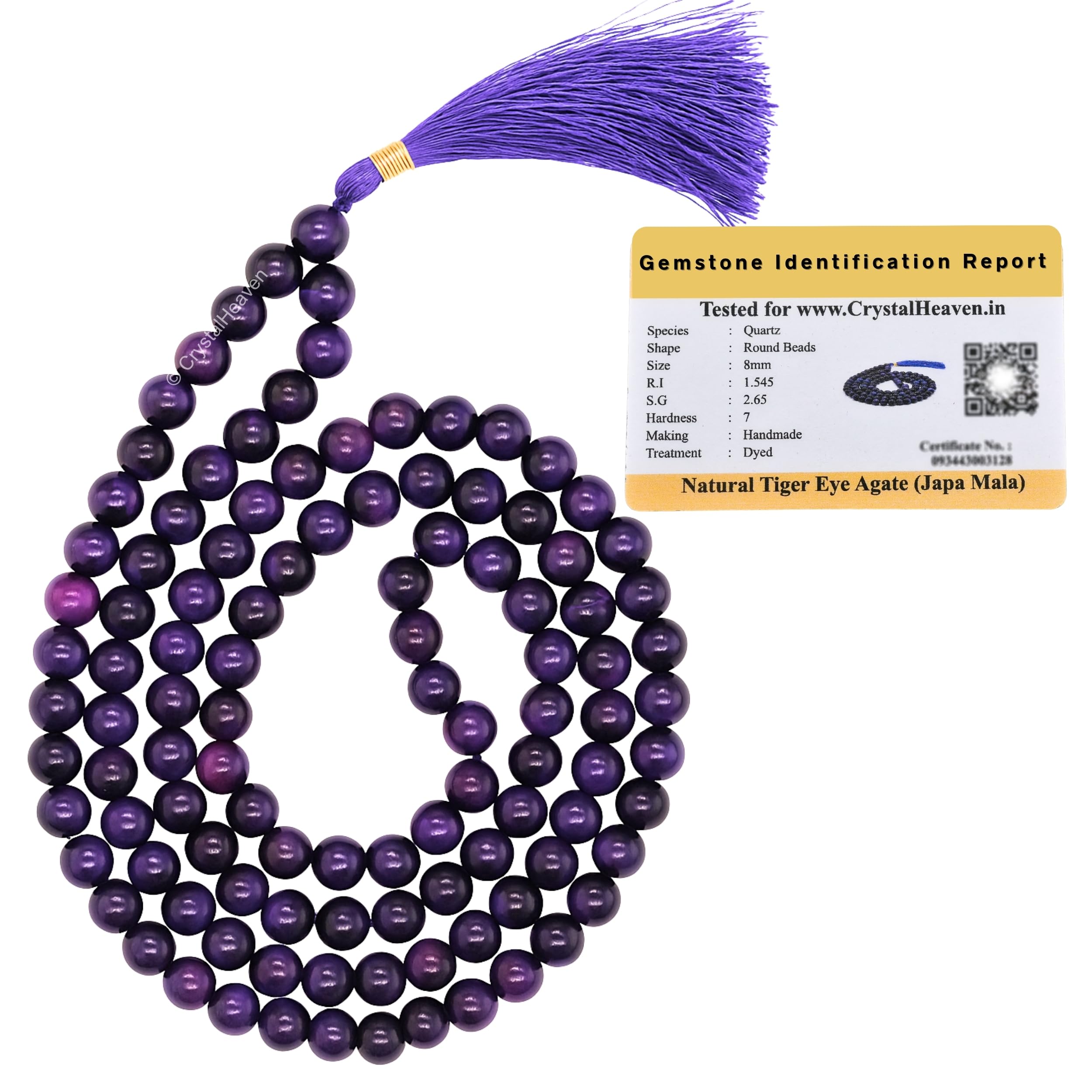 Certified Purple Tiger Cats Eye Crystal Japa Mala Saadi - 108 Beads Buddhist Prayer Beads - AAA Grade Original Healing Gemstone Agate Mala for Yoga Meditation Spiritual Reiki Feng Shui