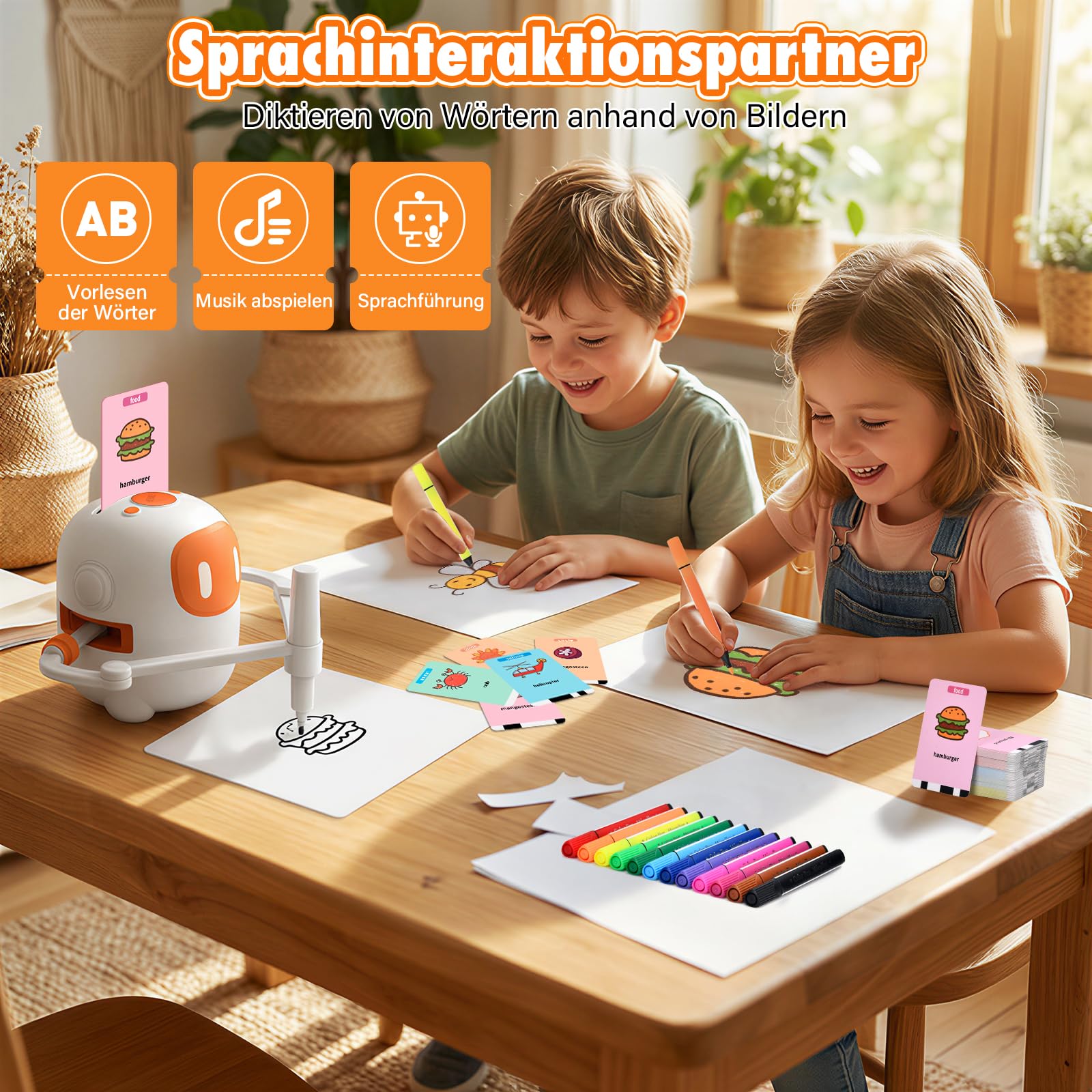 Roboter Kinder, Zeichenroboter für Kinder mit Sprachfunktion - 100 Karten und Stiften für Kinder Ab 3 Jahre, zur Förderung von Kreativität & Konzentration für Jungen Mädchen, Weiß
