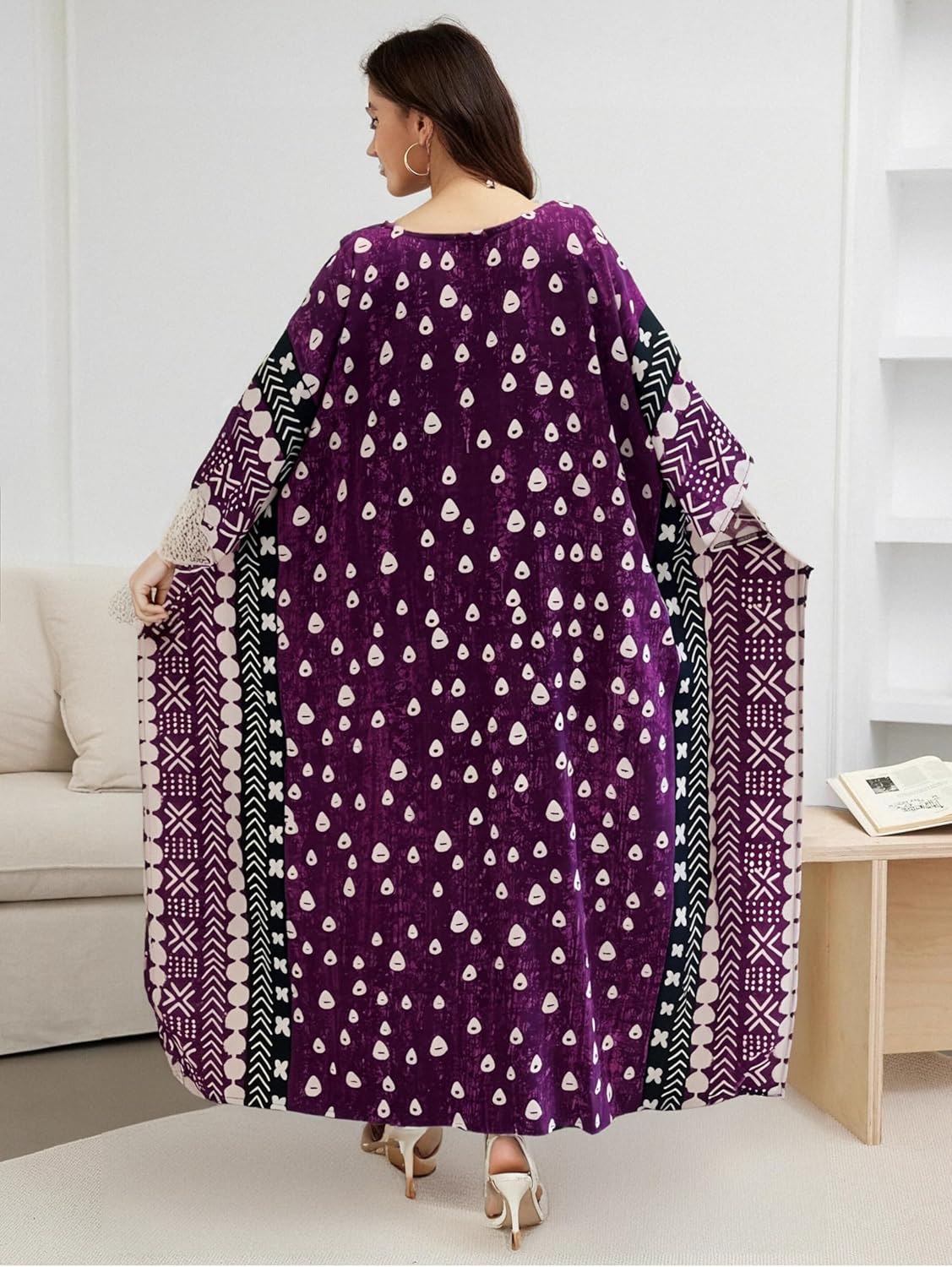 Beach Cover-ups Women's Wave Point V-Neck Caftans Rayon Ethnic Print Plus Size Caftan Over-Sized Half-Sleeve Kaftan