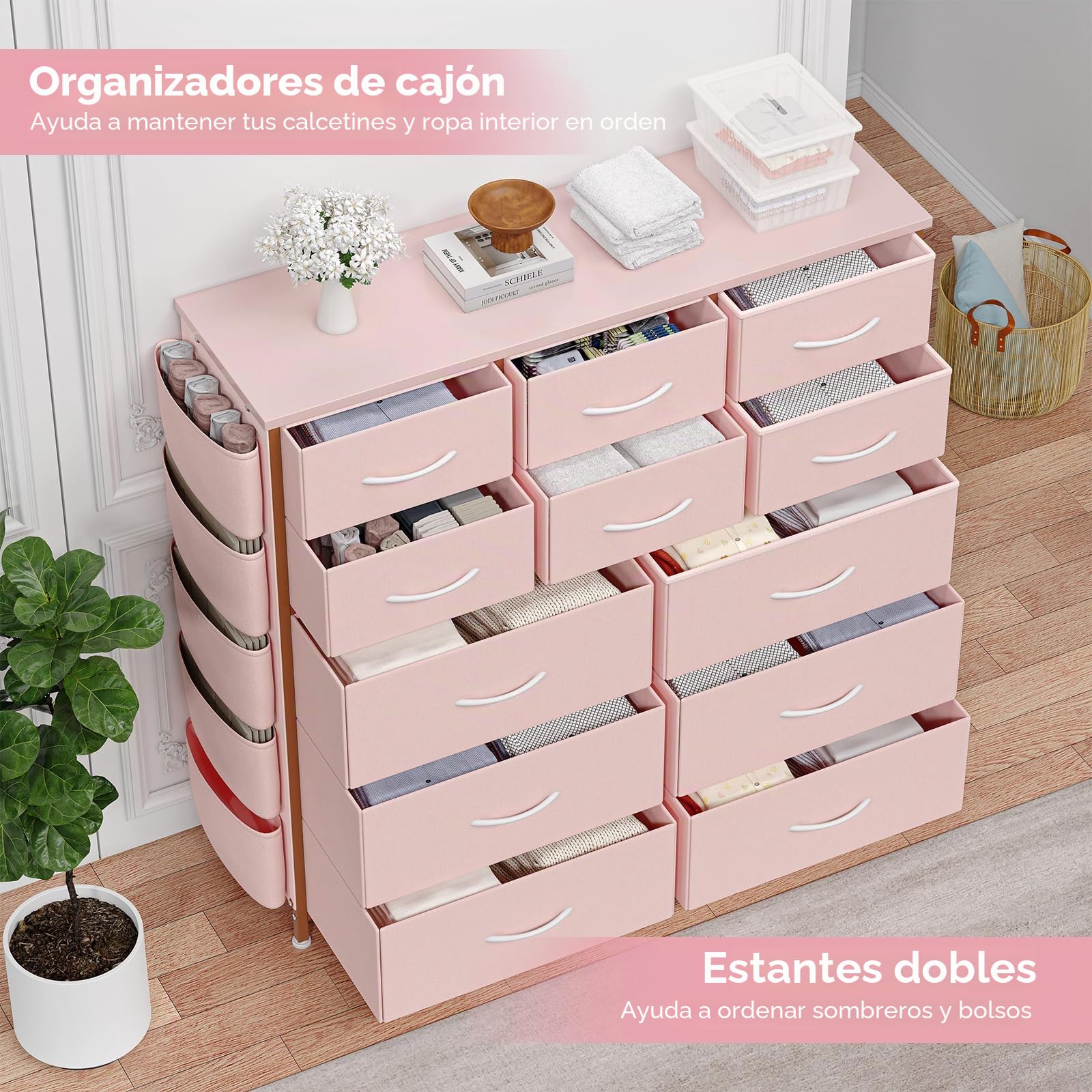 Zstar Organizador De Tela Con 12 Cajones, Torre De Almacenamiento Amplia Con Bolsillos Laterales y Ganchos, Organizador Independiente Para Armario, Entrada y Oficina En Casa, Rosa.