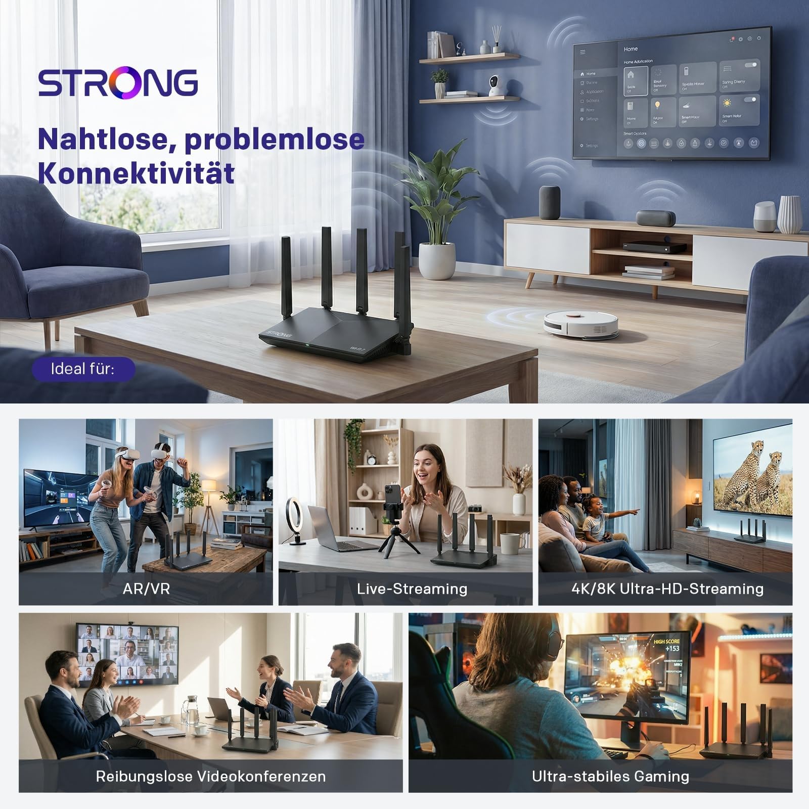 STRONG BE3600 Dual-Band Wi-Fi 7 Router, bis zu 3,6 Gbit/s, MLO Unterstützung, Internet WLAN Router, 2,5G WAN & Gigabit LAN, 5× Externe Antennen, App-Steuerung, Kindersicherung, WPA3, TWT, IPv6