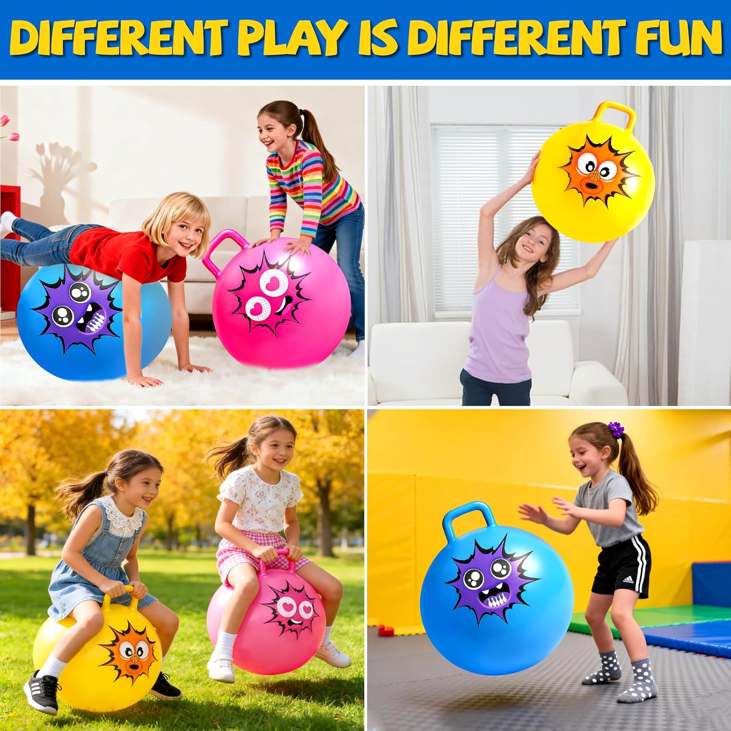 Hymaz Hopper Ball for Kids 3-6, 3 Pack Bouncy Balls with Handle, Inflatable Sit On Jumping Bouncing Hoppity Hop Ball, Garden Hopping Toys for Boys Girls Indoor Outdoor Active Play Gifts, 15 Inch