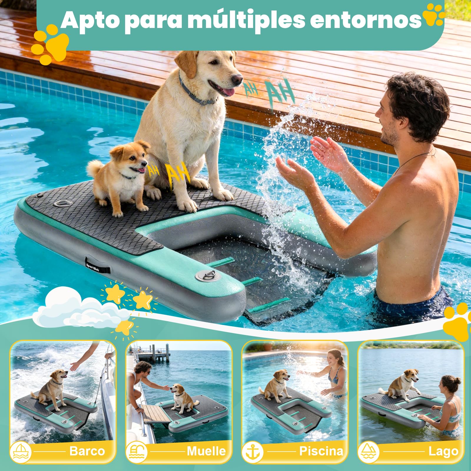 120 x 82 cm Rampa de Agua Hinchable para Perros, Resistente a los Desgarros y Duradera, Rampa Hinchable para Perros de hasta 100kg, Ideal para el Verano, Piscinas, Barcos, Muelles y Lagos