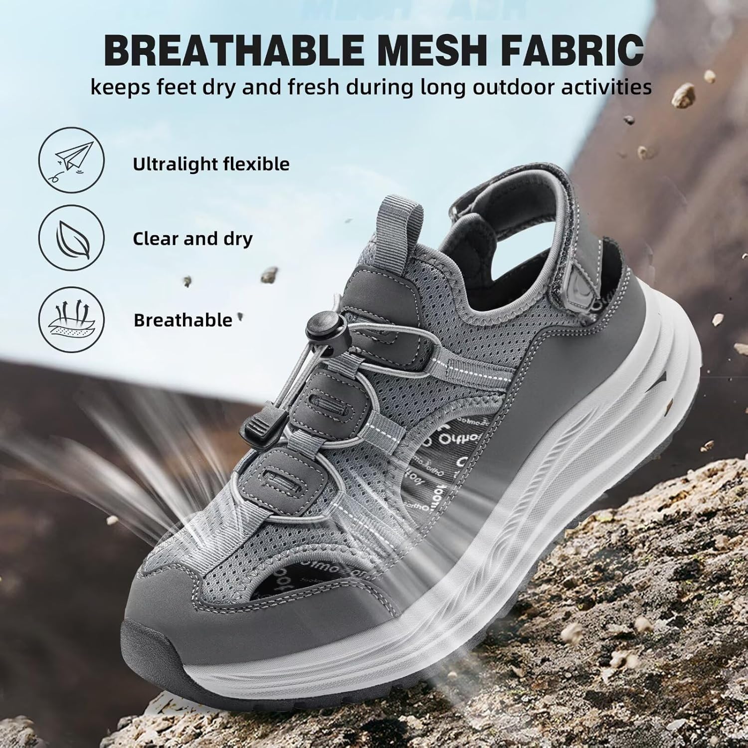 Men's Orthopedic Close Toes Hiking Sandals: Plantar Fasciitis Arch Support Adjustable Hook Loop Strap Athletic Sport Shoes, Comfortable Casual Camping Waterproof Summer Walking Sandals - Image 8
