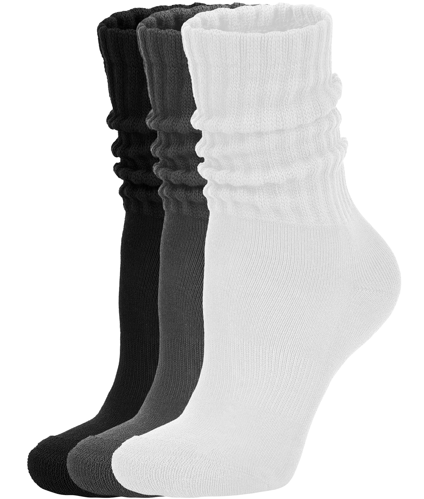 AugRing Women's Scrunch Crew Socks Retro 3-Pack Solid Cotton Boot Calf Socks Chunky Ribbed Cozy Slouchy Socks Size 5-11