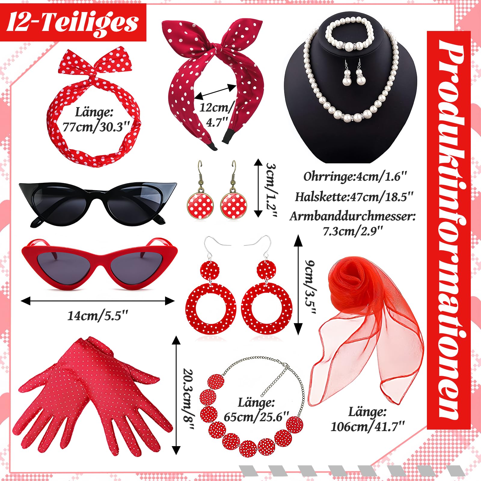 Grantop Akcesoria damskie w stylu lat 50. XX wieku, 12-częściowy zestaw akcesoriów damskich w stylu rockabilly, w stylu retro, akcesoria do kostiumu z szyfonu, szalik, rękawiczki, opaska na czoło