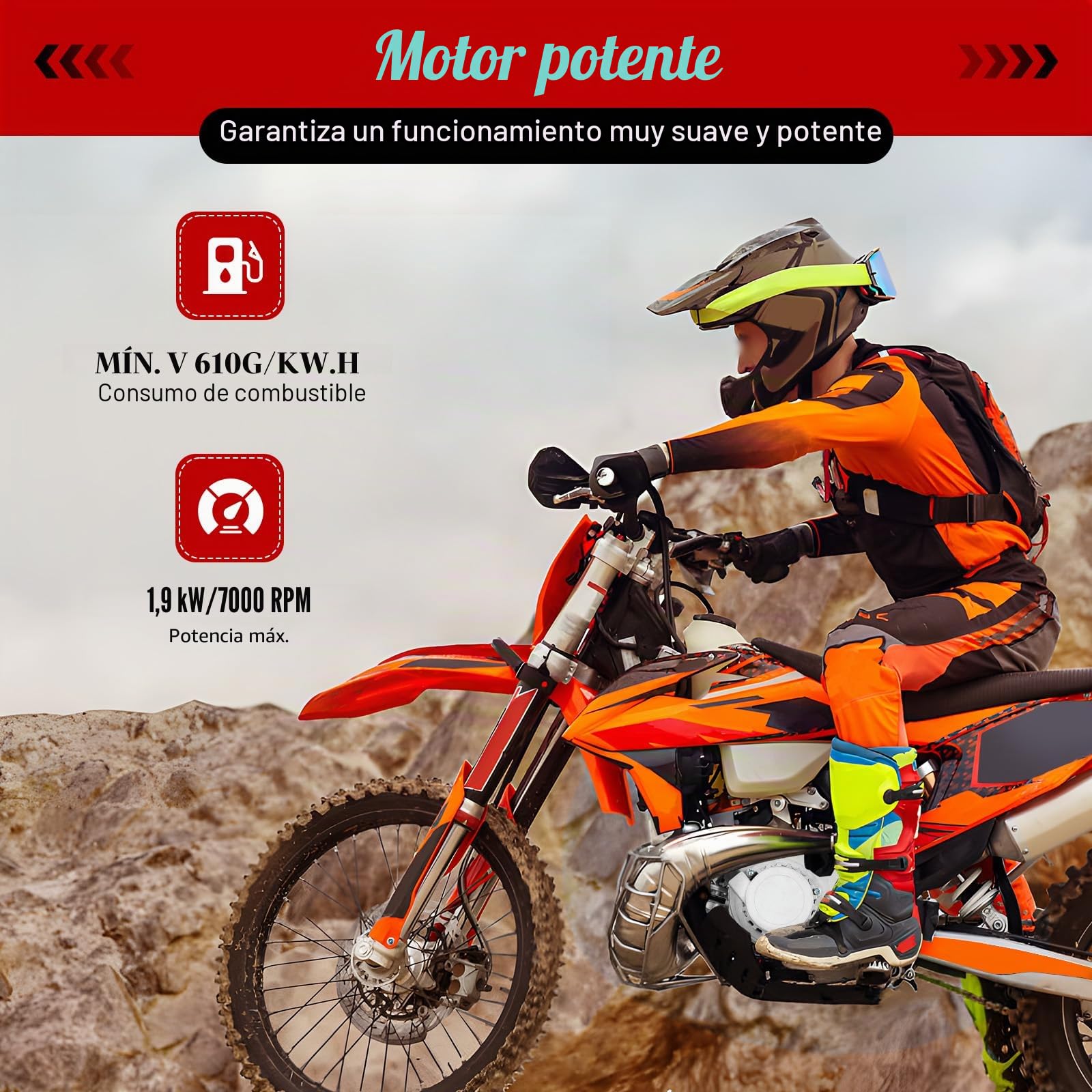 Motor Minimoto 49cc, 1,9 kW/7000rpm Minimoto Gasolina, 49,85cc Mini Moto Gasolina, 2 Tiempos Moto 49cc, 3CV Motor de Gasolina de 1,2 Litros, Capacidad de Carga de 180kg