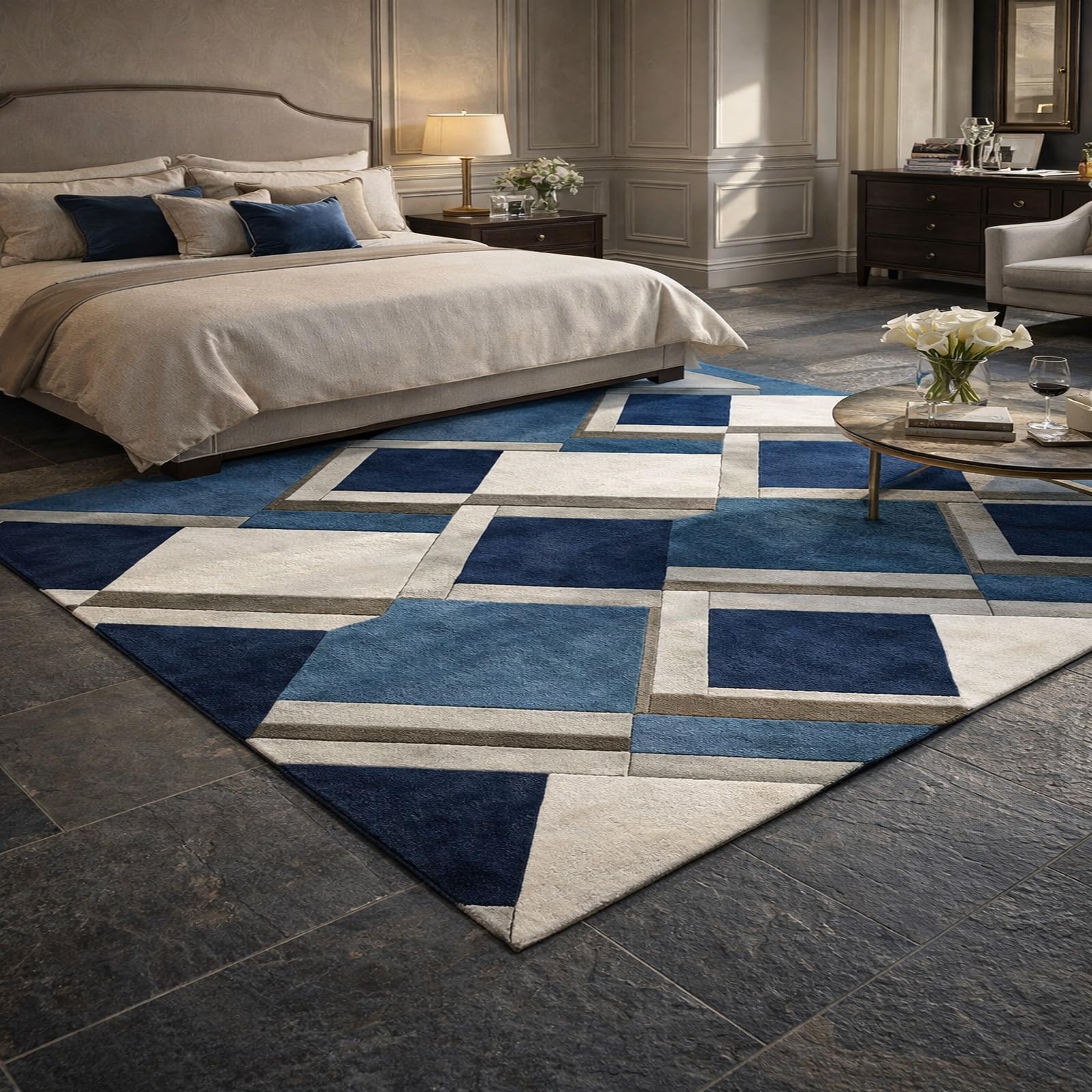 Tapis décoration géométrique bleu blanc gris tapis de salon raffiné
