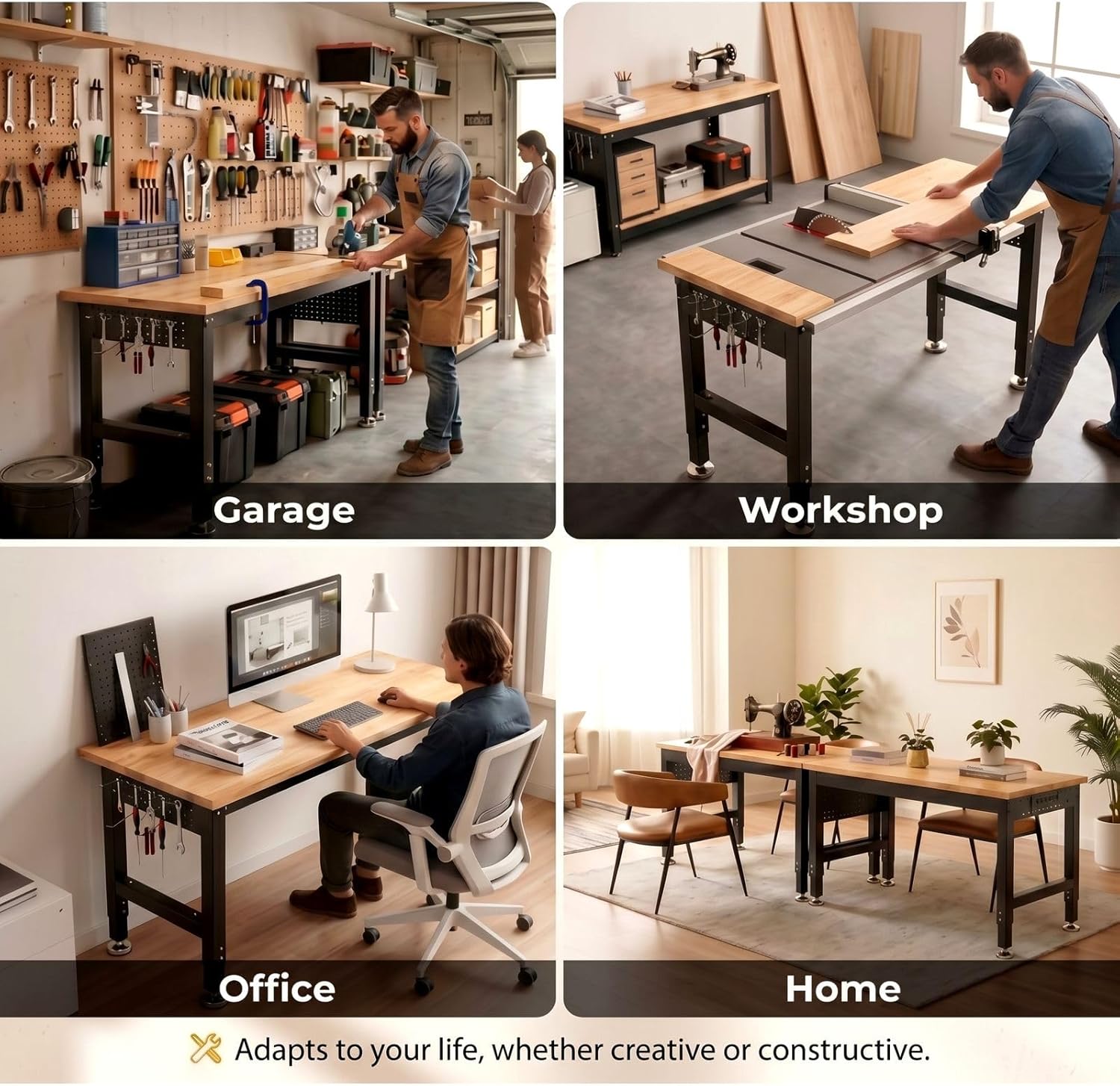 TLGREEN 48" Adjustable Work Bench with Power Outlet, Rubber Wood Top Work Table, Heavy Duty Work Bench, 2000 LBS Capacity, Workbench with Pegboard, Hooks, Garage Workbench for Workshop,Home,Office