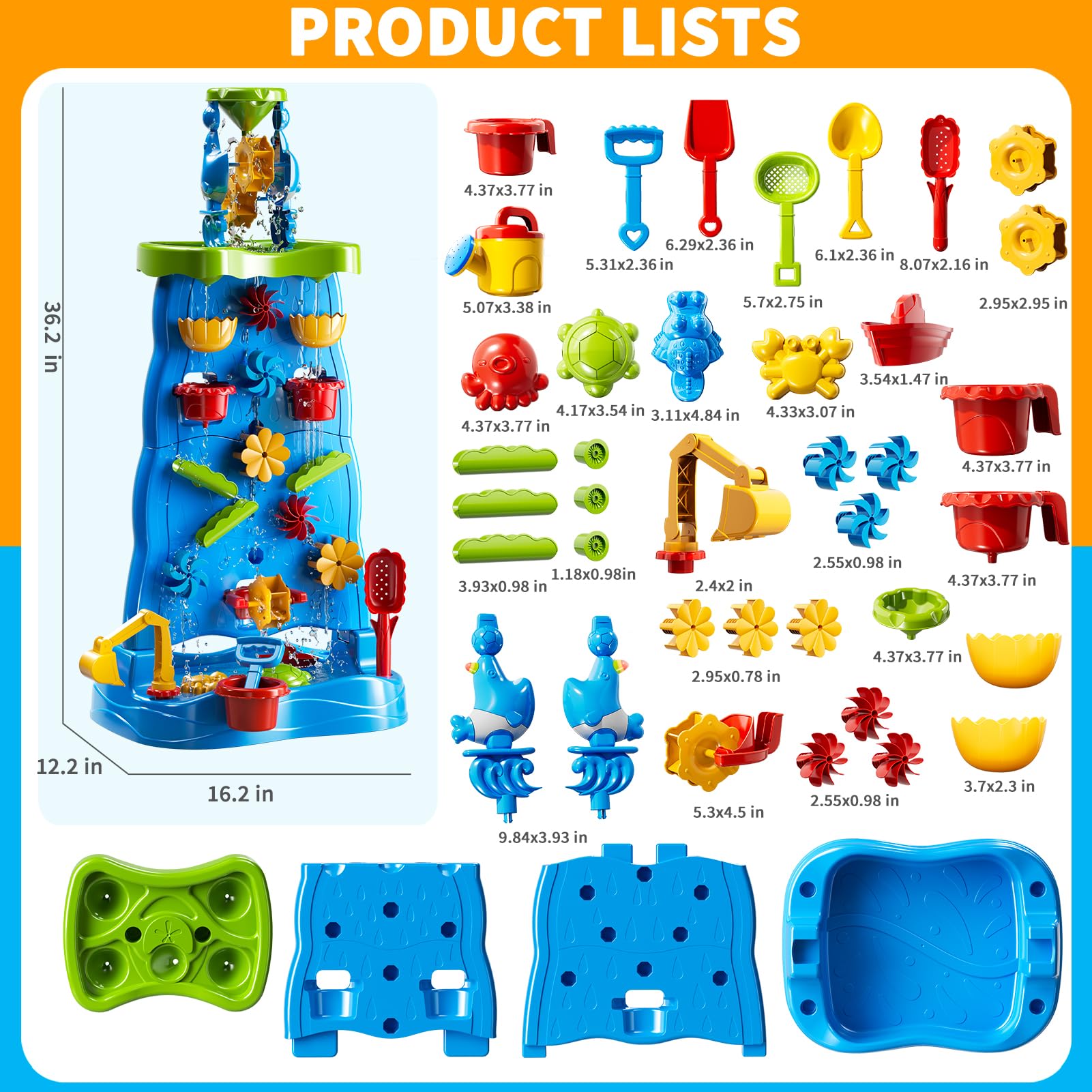 Water Table for Toddlers 1-3 Kids Ages 4-8, Double-Sided Waterfall Discovery Wall with Rich Activity Set, Summer Kids Outdoor Beach Sensory Sand Water Play Table Toys, Birthday Gifts for Boys & Girls