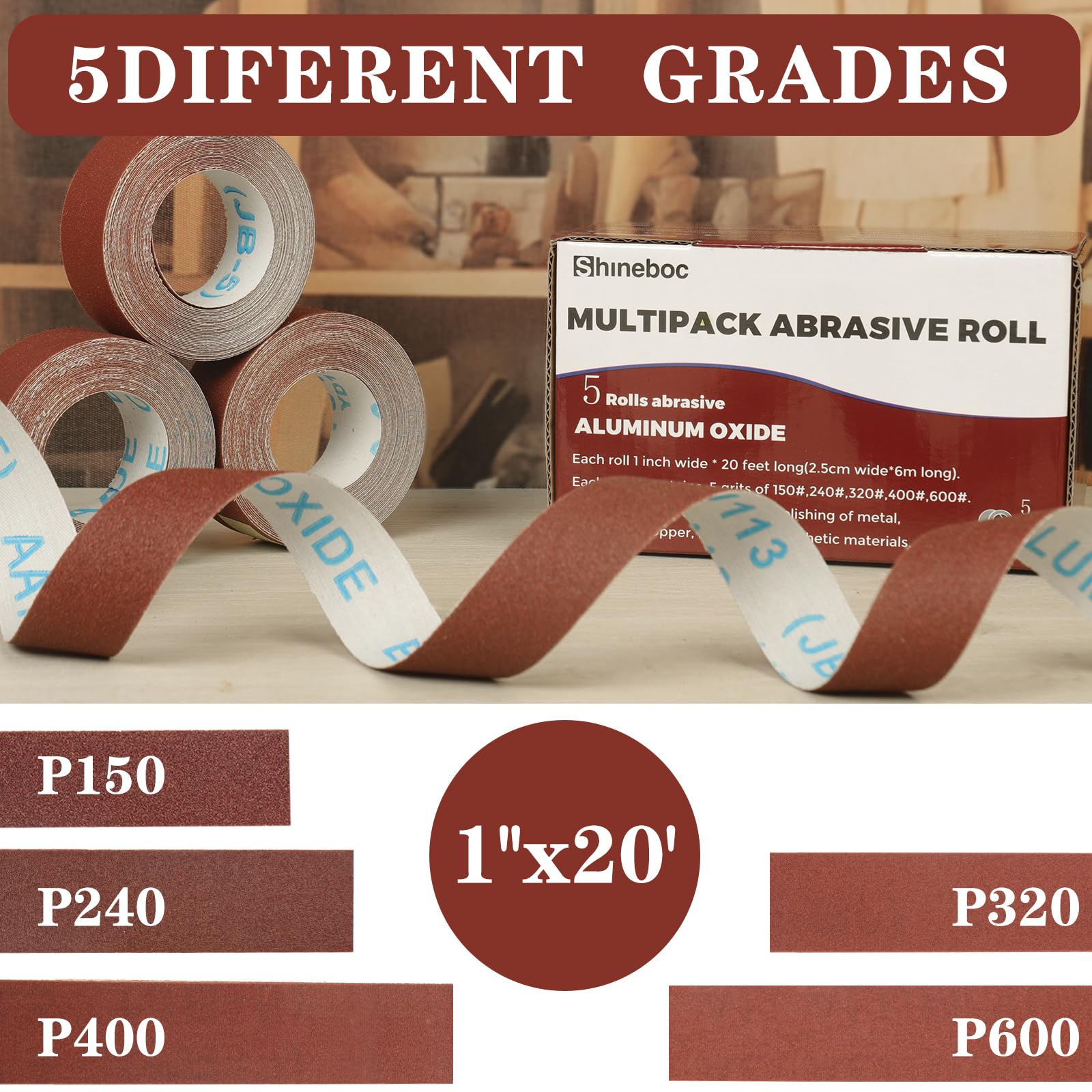Shineboc Emery Cloth Roll,Sandpaper Roll 150/240/320/400/600 Grit 2.5 CM X 6 M Emery Paper Abrasive Sanding Paper Roll 5 Rolls of Wet and Dry Sandpaper - Image 4