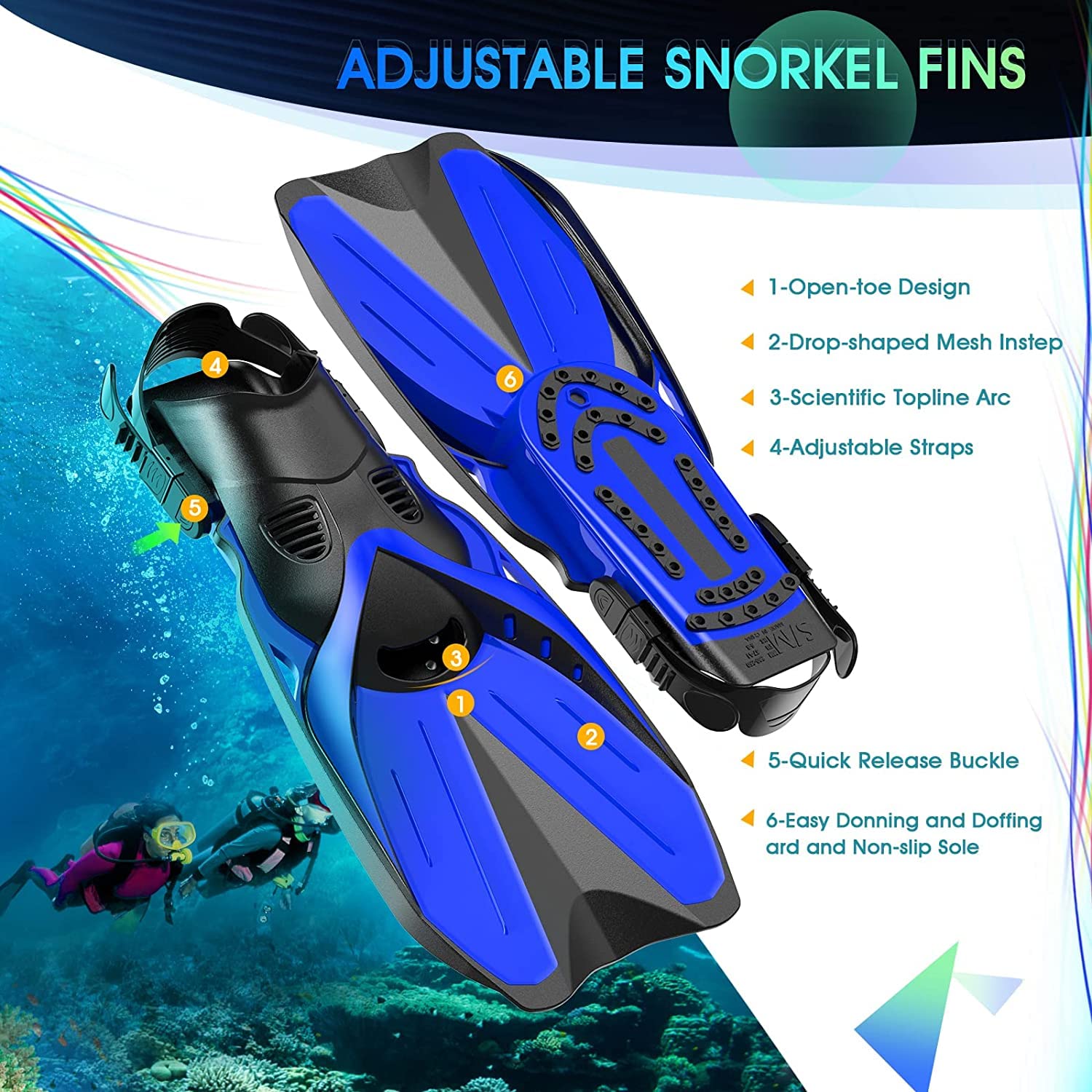 Jolfay Mask Fins Snorkel Set Snorkeling Gear for Adults Kids, Swim Goggles Panoramic View Anti-Fog Anti-Leak, Dry Top Snorkel and Dive Flippers Kit for Diving Scuba Swimming Freediving 1