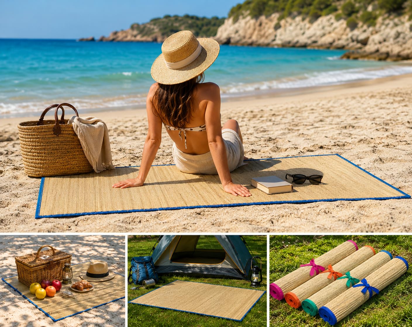 Stuoia Spiaggia Paglia Tappetino Mare Arrotolabile Laccetto Richiudibile Pieghevole Leggera Picnic Giardino Outdoor 180x60 cm