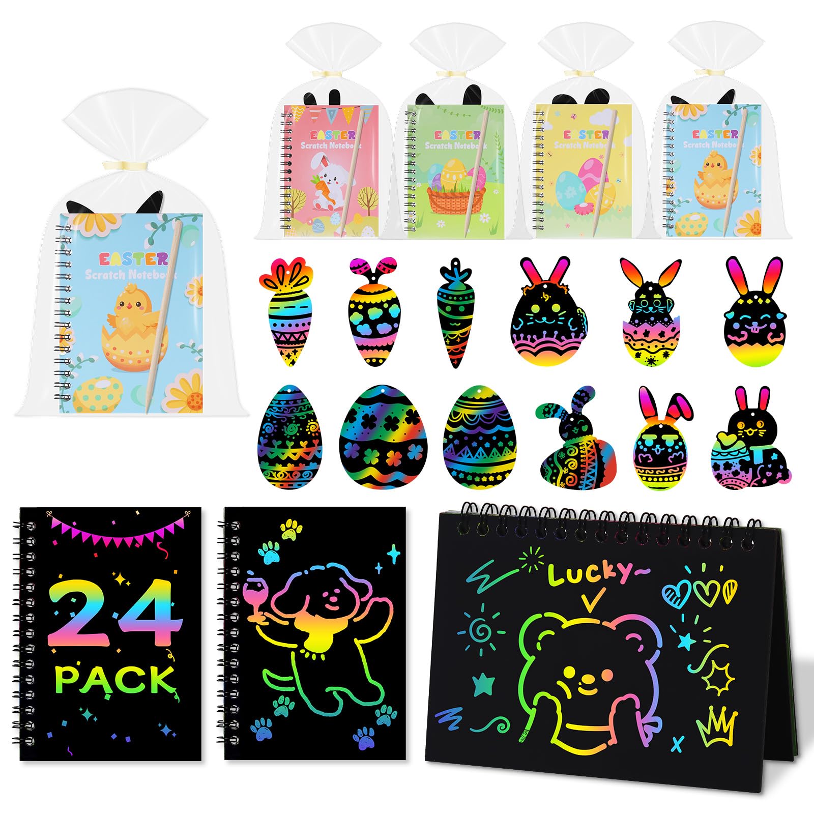 Huiguli 24 Pascua de Resurrección Libros Scratch Art Manualidades Kit con 24 Plantilla y Lápiz de Madera y Tarjeta de Rascar, Libros para Colorear Manualidades Niños, Regalos Niños Colegio Pascua - 2