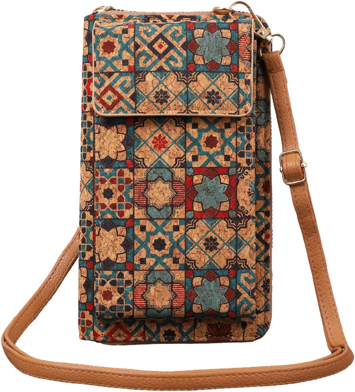 Small Phone Shoulder Bag, Cork Women's Phone Wallet with Card Slots, Shoulder Strap, For Cell Phones less than 6.9"