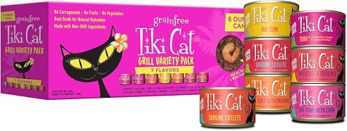 Miniatura 11 de Tiki Cat Grill - Alimento húmedo bajo en carbohidratos con mariscos enteros en caldo para gatos y gatitos adultos, 6 onzas, 8 unidades, variedad
