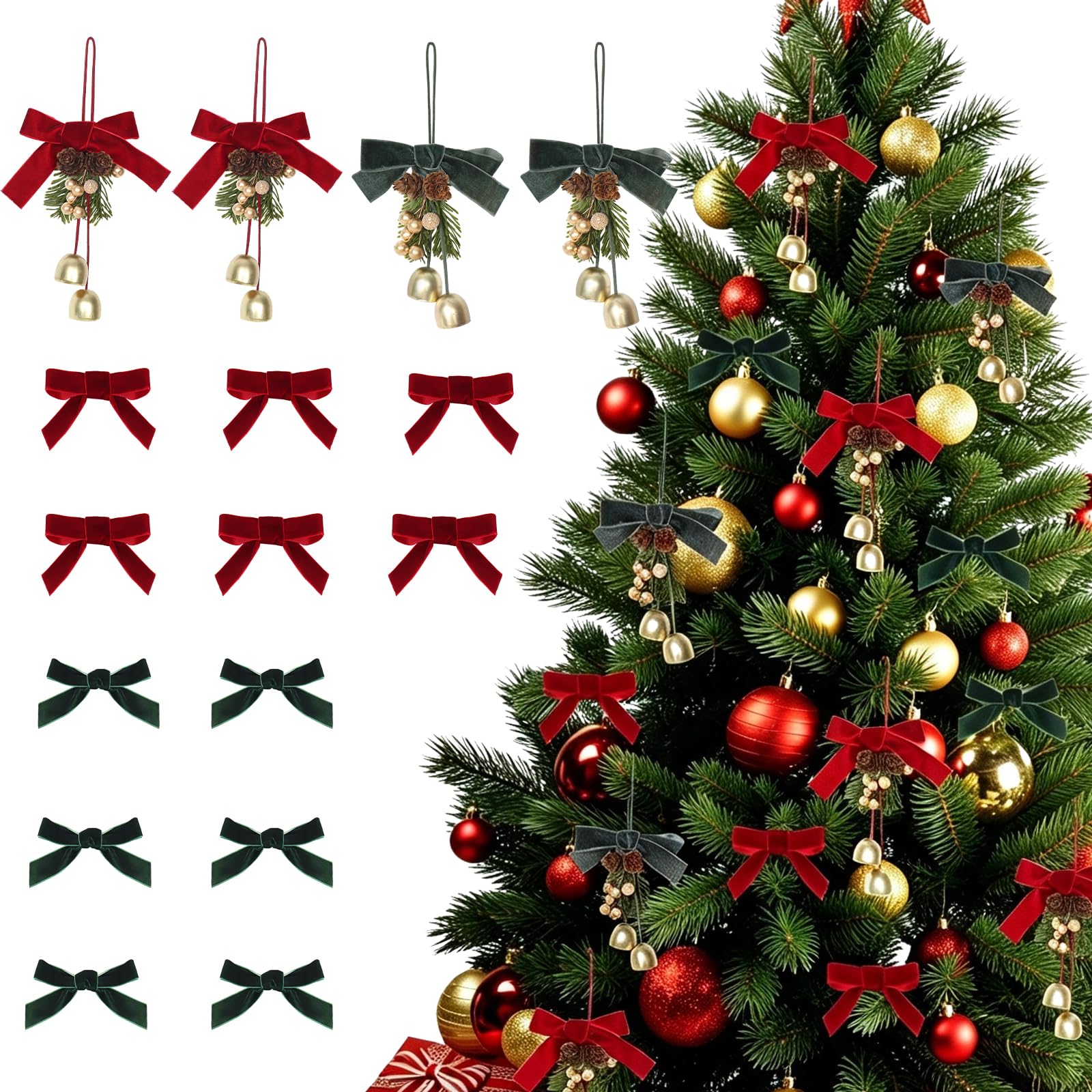RECUTMS 16 Pcs Small Christmas Velvet Bell Bows Sets Hanging Xmas Ornament โ image 1