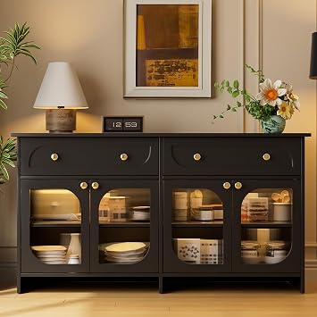 Buffet Cabinet with Storage and LED Light, 55 Sideboard Buffet Cabinet with 4 Glass Doors & 2 Drawers & Adjustable, Modern Credenza Coffee Bar Cabinets Buffets Table for Kitchen, Dining Room, Black