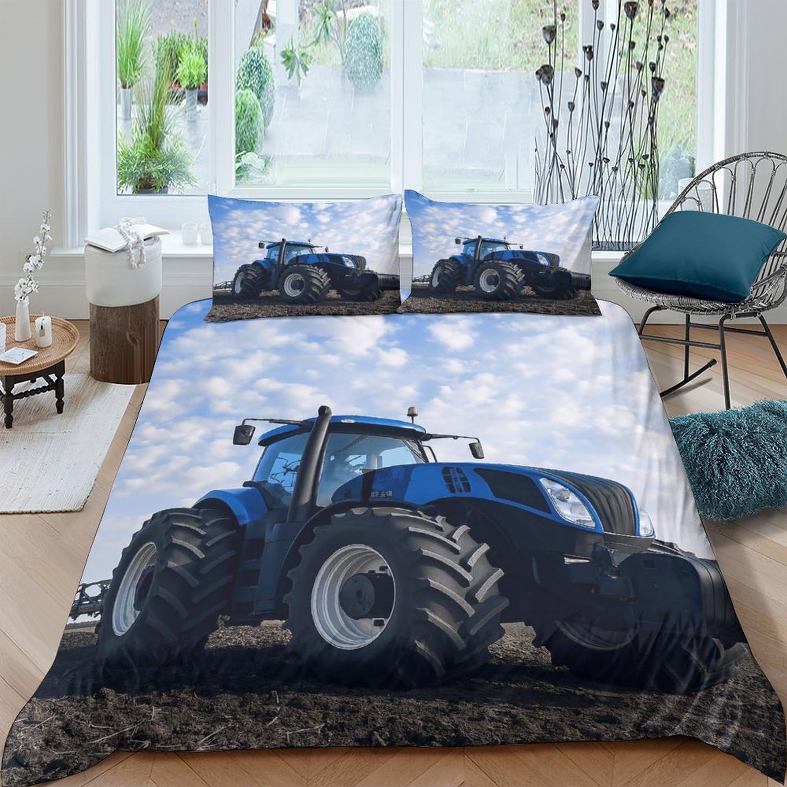 GPLZQXKJNH 3D Printed Blue Tractor Duvet Cover Microfiber Soft Breathable Farm Landscape Bedding Set with 2 Pillowcases for Bedroom Decor Single（135x200cm）