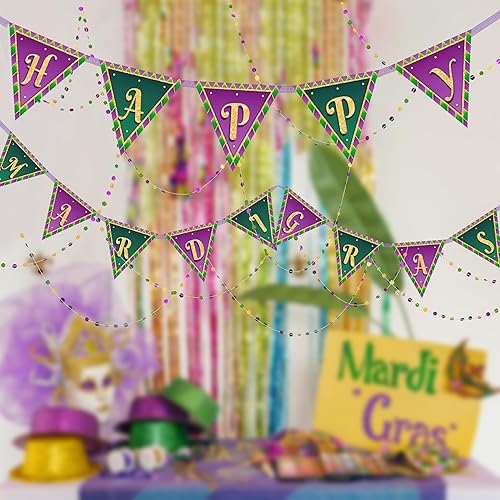 Miniatura 2 de Juego de pancartas y guirnaldas de cuentas de papel para decoración de Mardi Gars, banderines triangulares de bandera para Mardi Gras y suministros