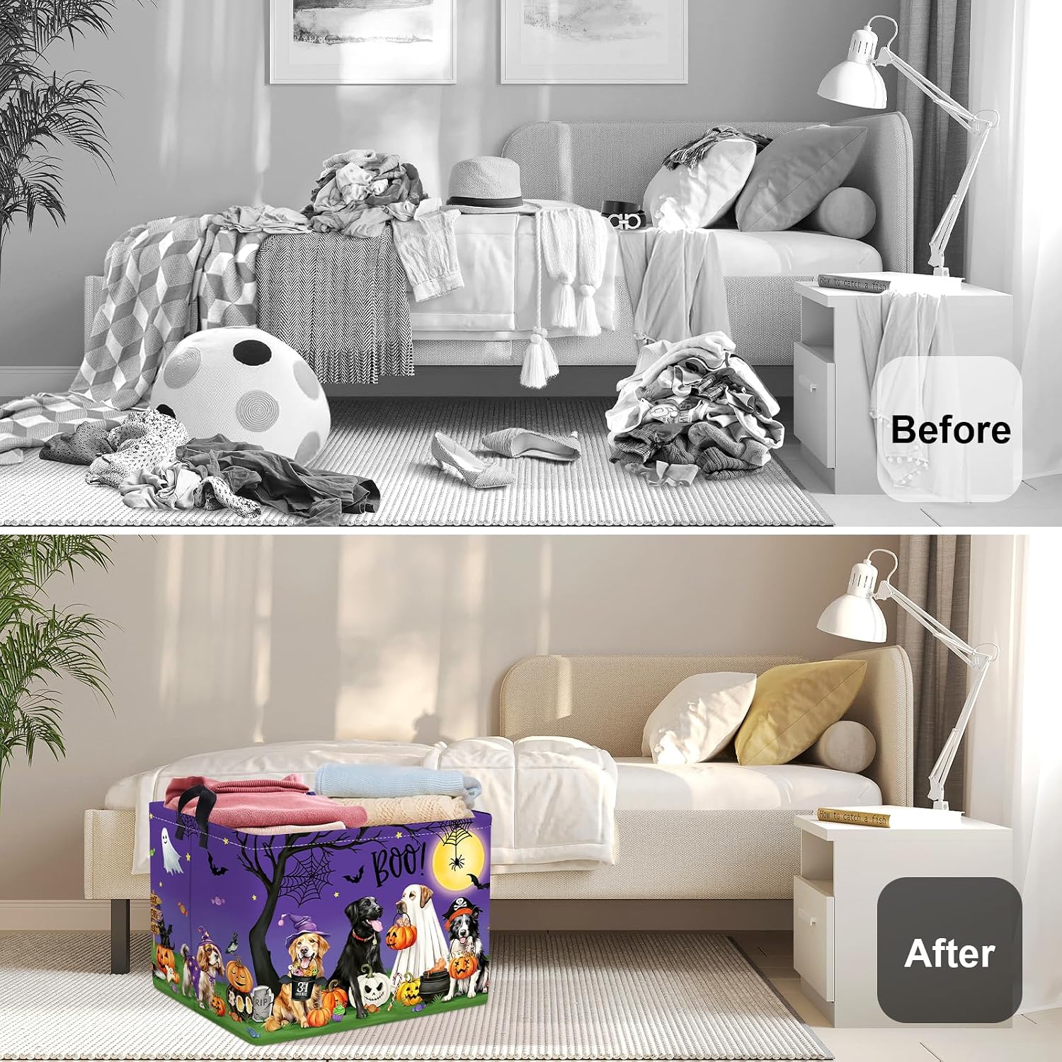 Halloween Baby Storage Basket Ghost Bat Pumpkin Collapsible Clothes Kids Laundry Hamper Large Boys Girls Gift Toy Box Bin for Nursery Room,Purple Dog,40*30*30 cm image 2