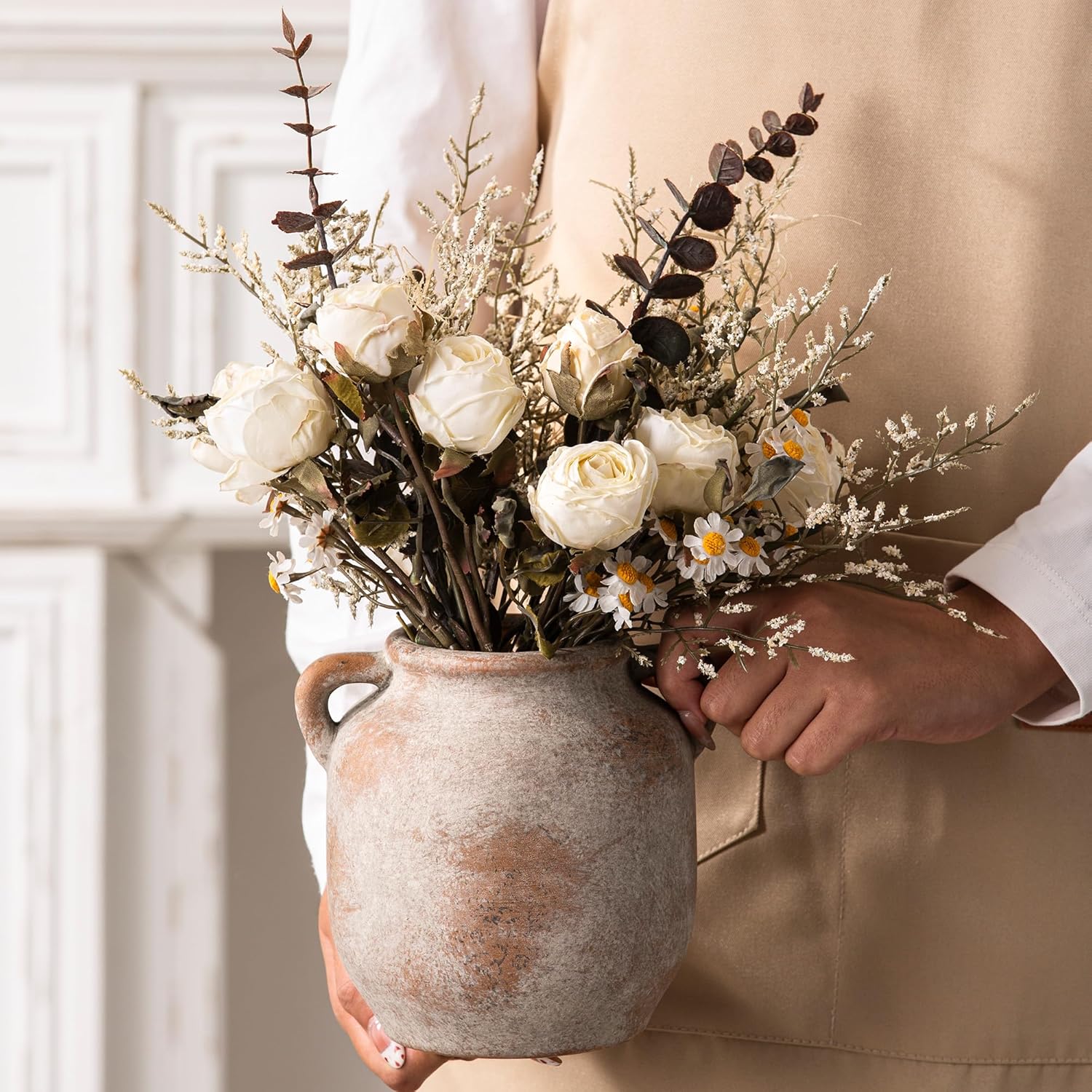 Ceramic Flower Vase Home Decor - 6 Inch Farmhouse Rustic Table Vases with Handle Living Room Decoration Decorative Vintage Pottery for Kitchen Shelf Coffee Dining Bookshelf Fireplace Centerpiece - Image 6